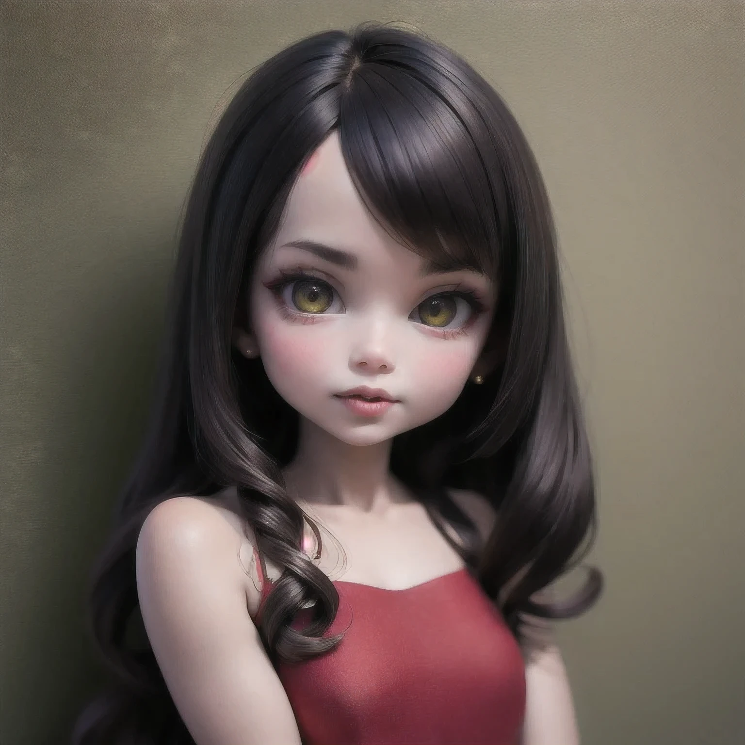 a schoolgirl with long hair and a flowered dress standing in front of a wall, lalisa manobal, bae suzy, inspired by Ma Picasso, ruan jia beautiful!, lalisa van gogh of light orange, Designer, inspired by Cannes, she has black hair with bangs, star, full body xianxia, a still of an ethereal schoolgirl,(( 8 k)), sakimichan, anna nikonova aka newmilky, cute , thighhighs and skirt, 🌺 cgsociety, amouranth, with pale skin,( 4 k )with red lipsatick and a candy cane, red contacts, red contact lenses, wide golden eyes and red lips, faint red lips, red and green tones, ((red)) baggy eyes, light-red lips, green and red tones, perfect face ), big eyes and lips, red lipstick on face, amouranth, close up face