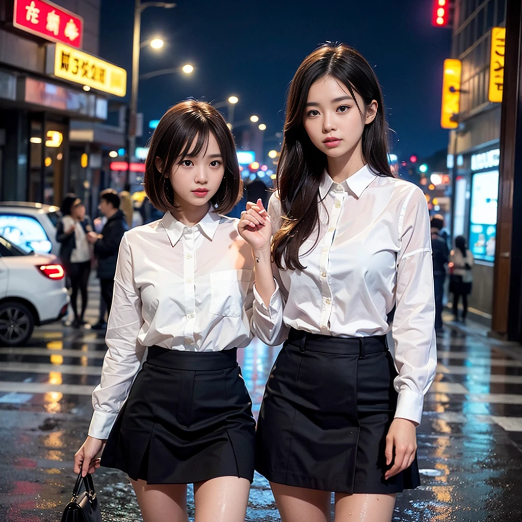 woman、(((one person)))、cute、、Brown Hair、Short Bob、Wet Hair、Touching your hair、rain、D cup bust、blouse、mini skirt、Wet clothes、Transparent skin、rain、Water Drop、Cloudy、rain雲、Street Corner、Building district、skyscraper、night、night景、Neon Street、cowboy shot、highest quality、Super detailed、Very detailed、Detailed Background