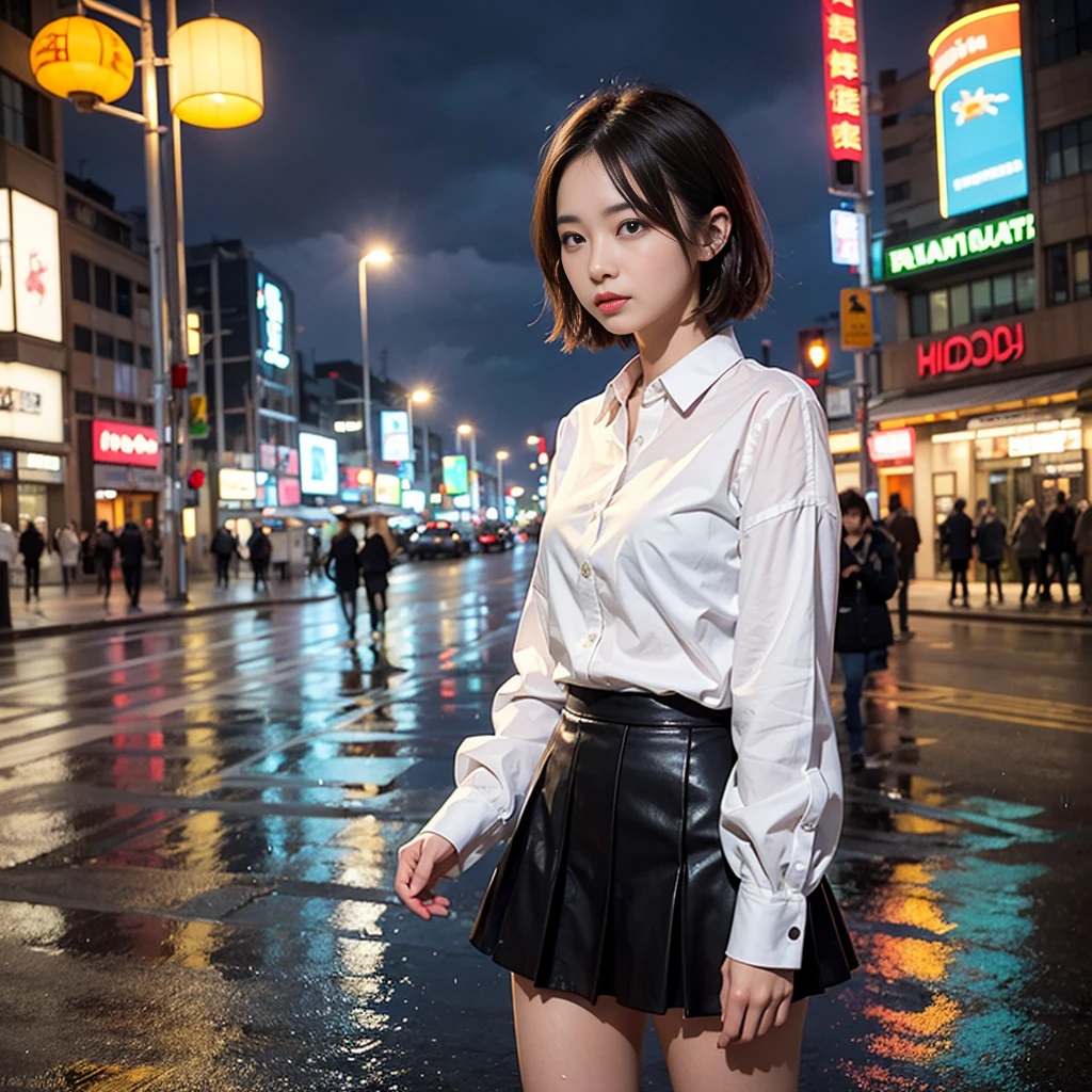 woman、(((one person)))、cute、16 years old、Brown Hair、Short Bob、Wet Hair、Touching your hair、rain、D cup bust、blouse、mini skirt、Wet clothes、Transparent skin、rain、Water Drop、Cloudy、rain雲、Street Corner、Building district、skyscraper、night、night景、Neon Street、cowboy shot、highest quality、Super detailed、Very detailed、Detailed Background