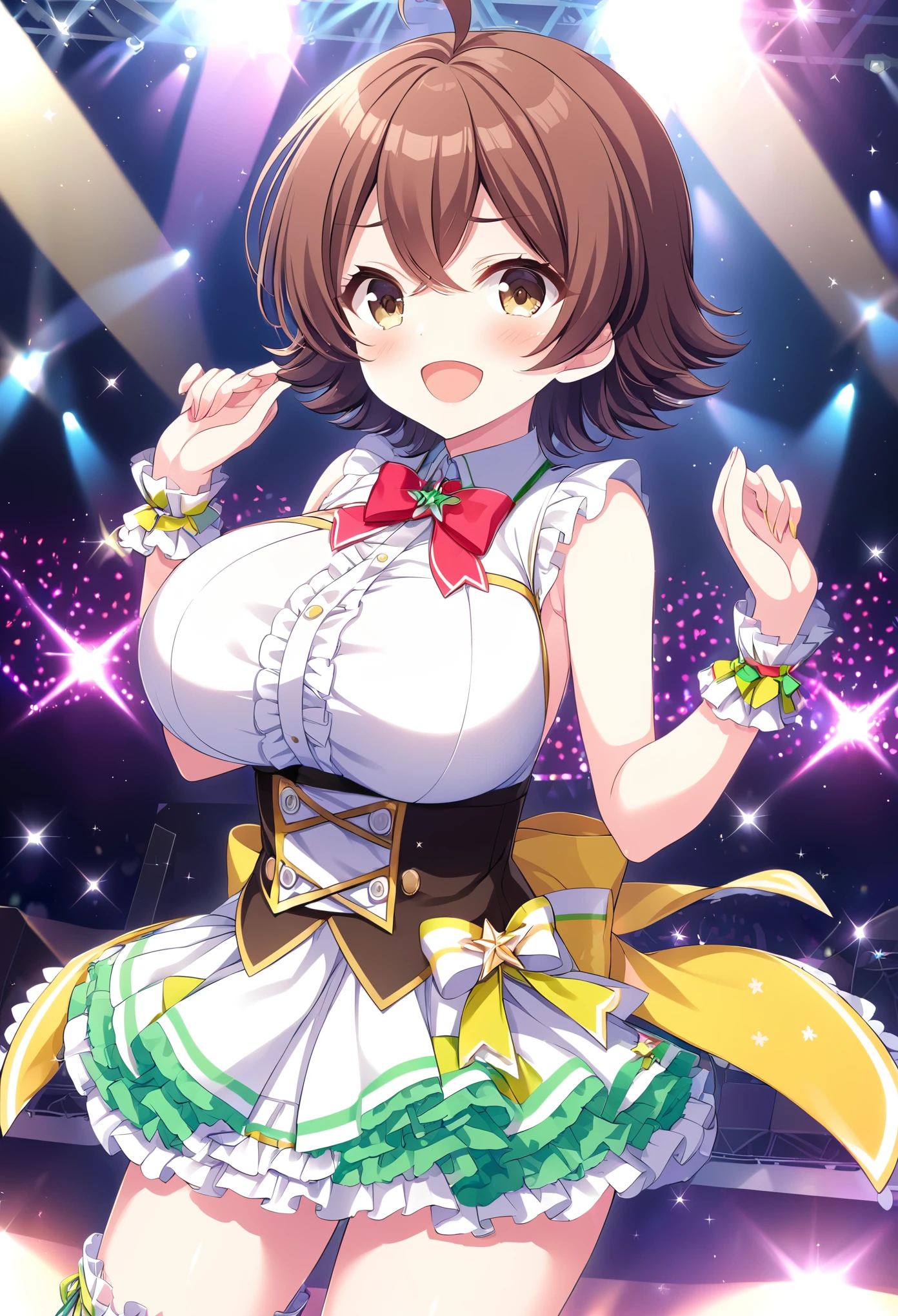 HIIRAGIMAKOTO, BROWN HAIR, AHOGE, SHORT HAIR, YELLOW EYES, BROWN EYES,, large breasts, live stage, solo,