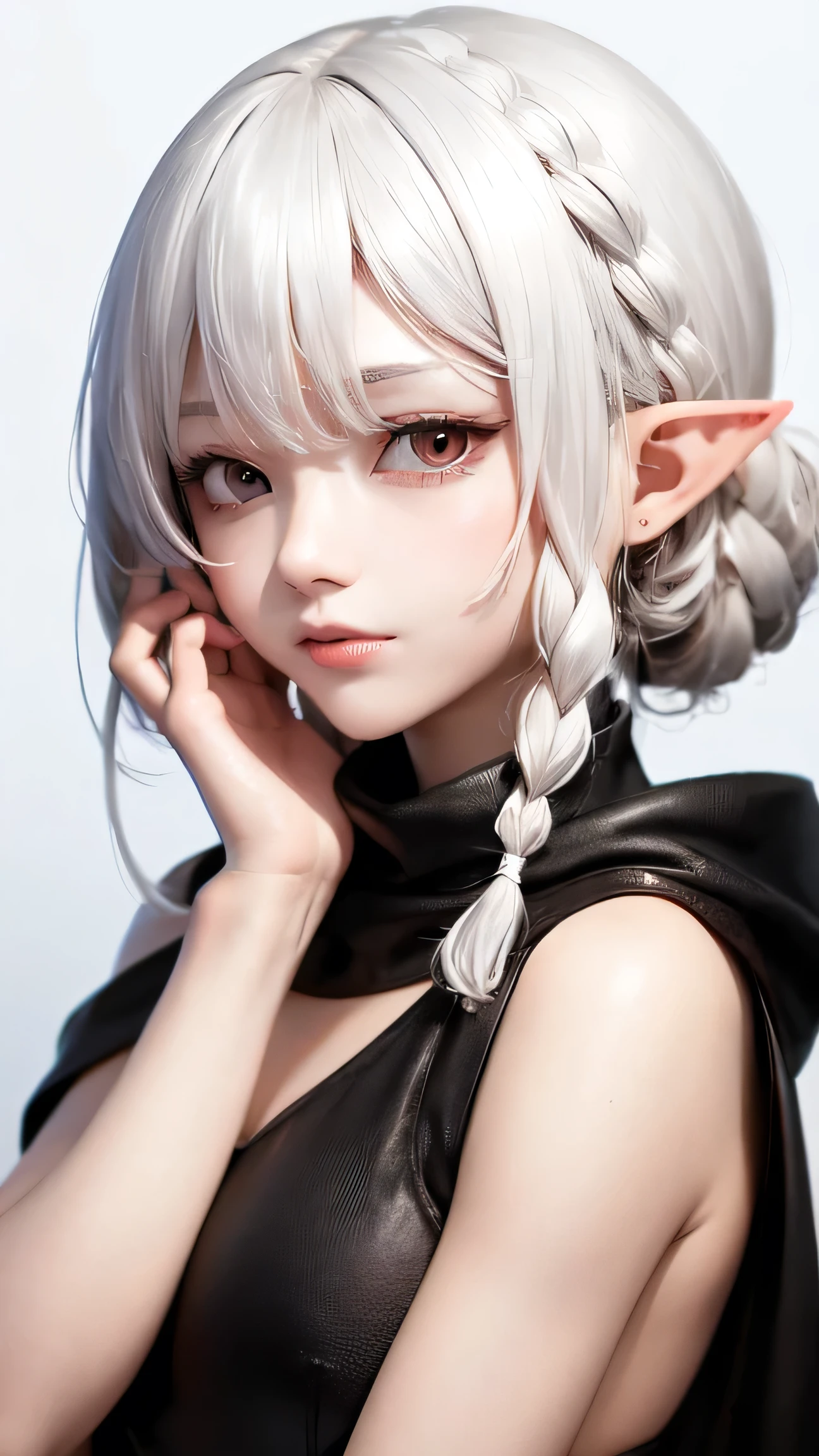best quality, masterpiece,white hair, Elf, red eyes,black cloth, looking at viewers, upper body,hair strand,Fair skin,side braids