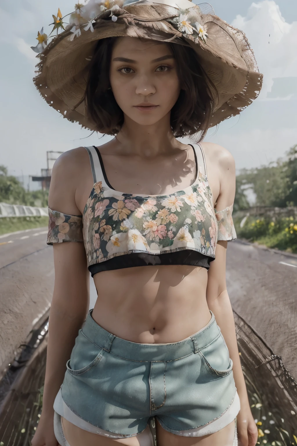 ((best quality, 8ก, Masterpiece: 1.3)), (flower hat: 1.3), Point of interest: 1.2, perfect body beauty: 1.4, bottom: 1.2, (Layered haircut: 1.2)), (dark road: 1.3), Highly detailed facial and skin textures, full body, delicate eyes, Double eyelids, Whiter skin, long hair, (round face: 1.5), (Loose crop top, shorts: 1.6) thailand