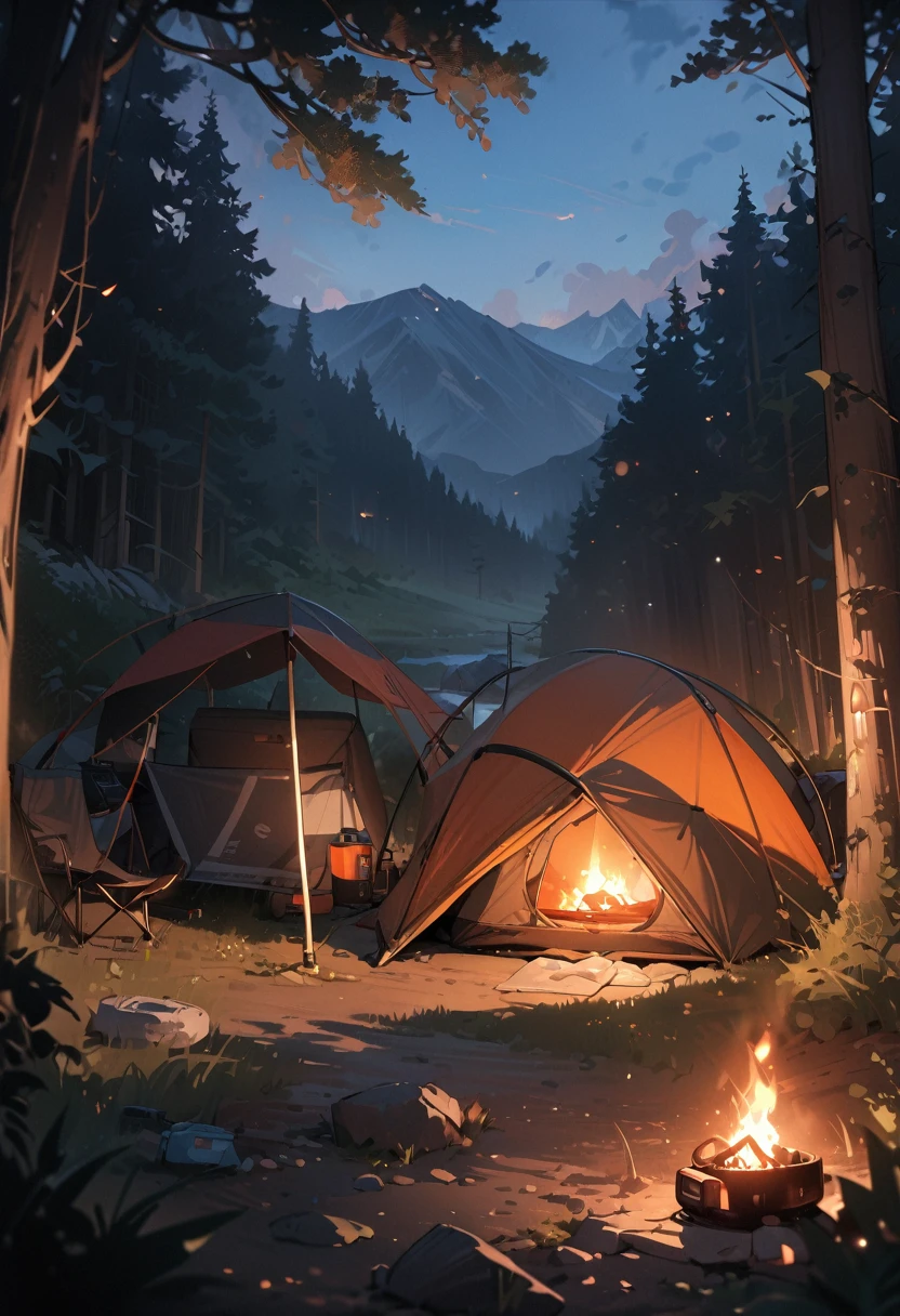 (highest quality,4K,8k,High resolution,masterpiece:1.2),Super detailed,Outdoor Camping, highest quality, 9pm, Outdoor Camping,It looks like it's going to rain、There's thunder in the distant sky