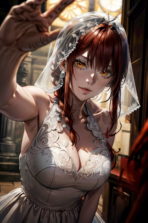 Makima \(chainsaw man\), (masterpiece:1.2), (best quality:1.2), perfect eyes (red hair)+(hairlong, Braided in one braid)+(Bangs), (Spiral golden eyes), cunning, villain, at wedding, husband's pov, classic wedding dress, Enigmatic smile, veil, cathedral, tense atmosphere, (((Image Macro Details))), Best Quality, Depth of field, 8K UHD, Film grain