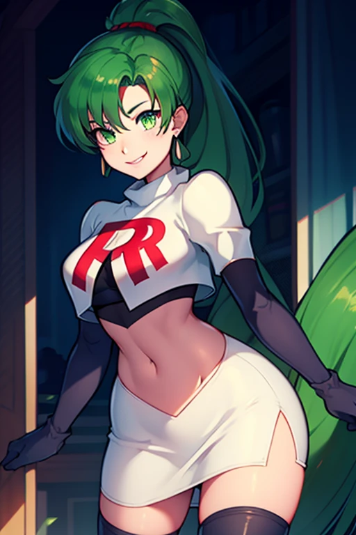 lyn, ponytail, green eyes, green hair, earrings ,team rocket uniform, red letter R, white skirt,white crop top,black thigh-high boots, black elbow gloves, evil smile, looking at viewer, cowboy shot, 