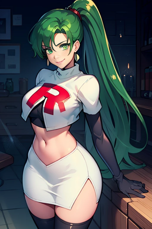 lyn, ponytail, green eyes, green hair, earrings ,team rocket uniform, red letter R, white skirt,white crop top,black thigh-high boots, black elbow gloves, evil smile, looking at viewer, cowboy shot, 