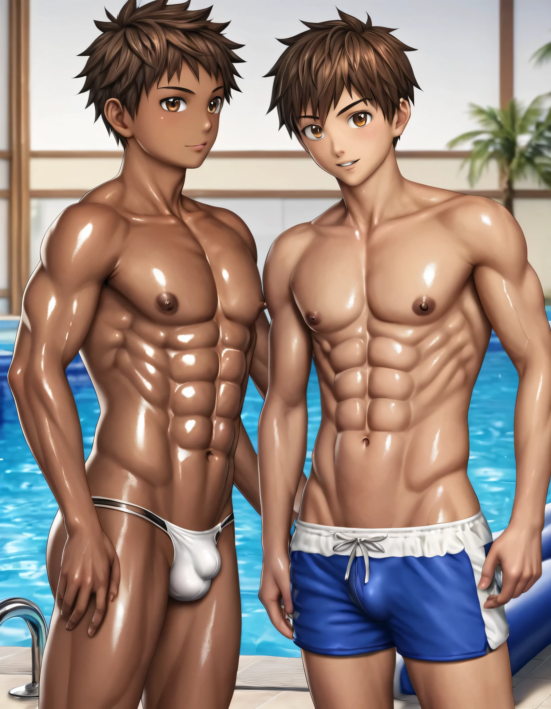 high quality, detailed, 22 years old bulky japanese boy, detailed brown eyes, (abs:1.5), (dark brown shiny skin:1.5), (detailed areola:1.5), black short hair, (black tiny thong), (puffy bulge), pool