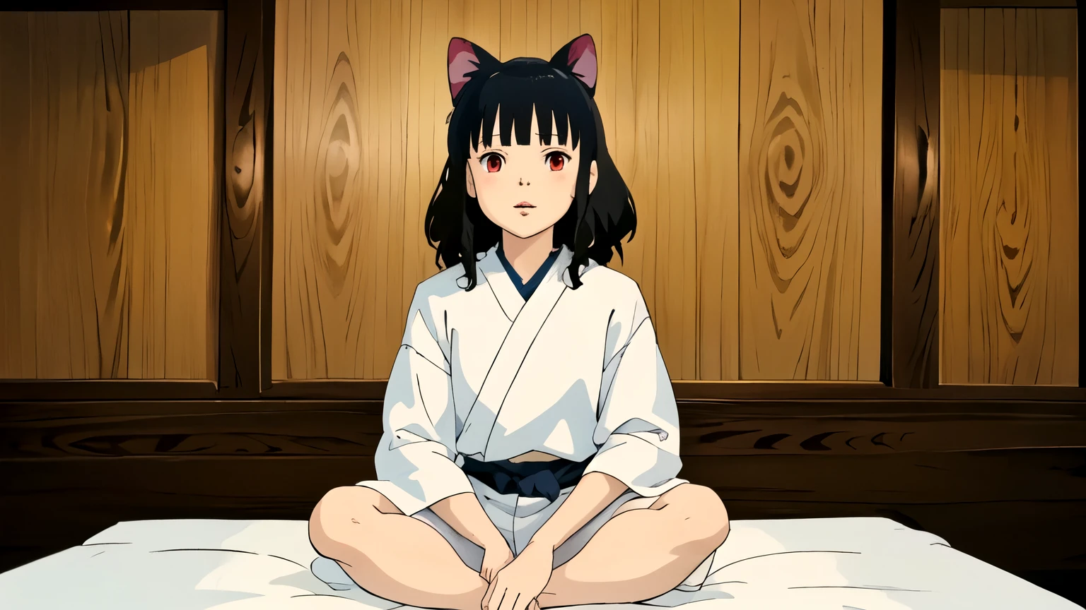 (junkotvv), (cabello largo color negro con orejas de gato y (ojos rojos)), sentada, In a room,((bedroom estilo japones)),(ropa casual comoda de un top semi transparente y una falda corta), uniforme de marinerito con falda, (ghibli style)