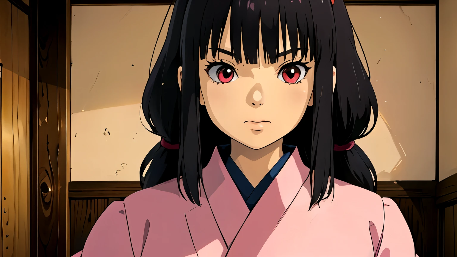 (junkotvv), (cabello largo color negro con orejas de gato y (ojos rojos)), sentada, In a room,((bedroom estilo japones)),(ropa casual comoda de un top semi transparente y una falda corta), uniforme de marinerito con falda, (ghibli style)