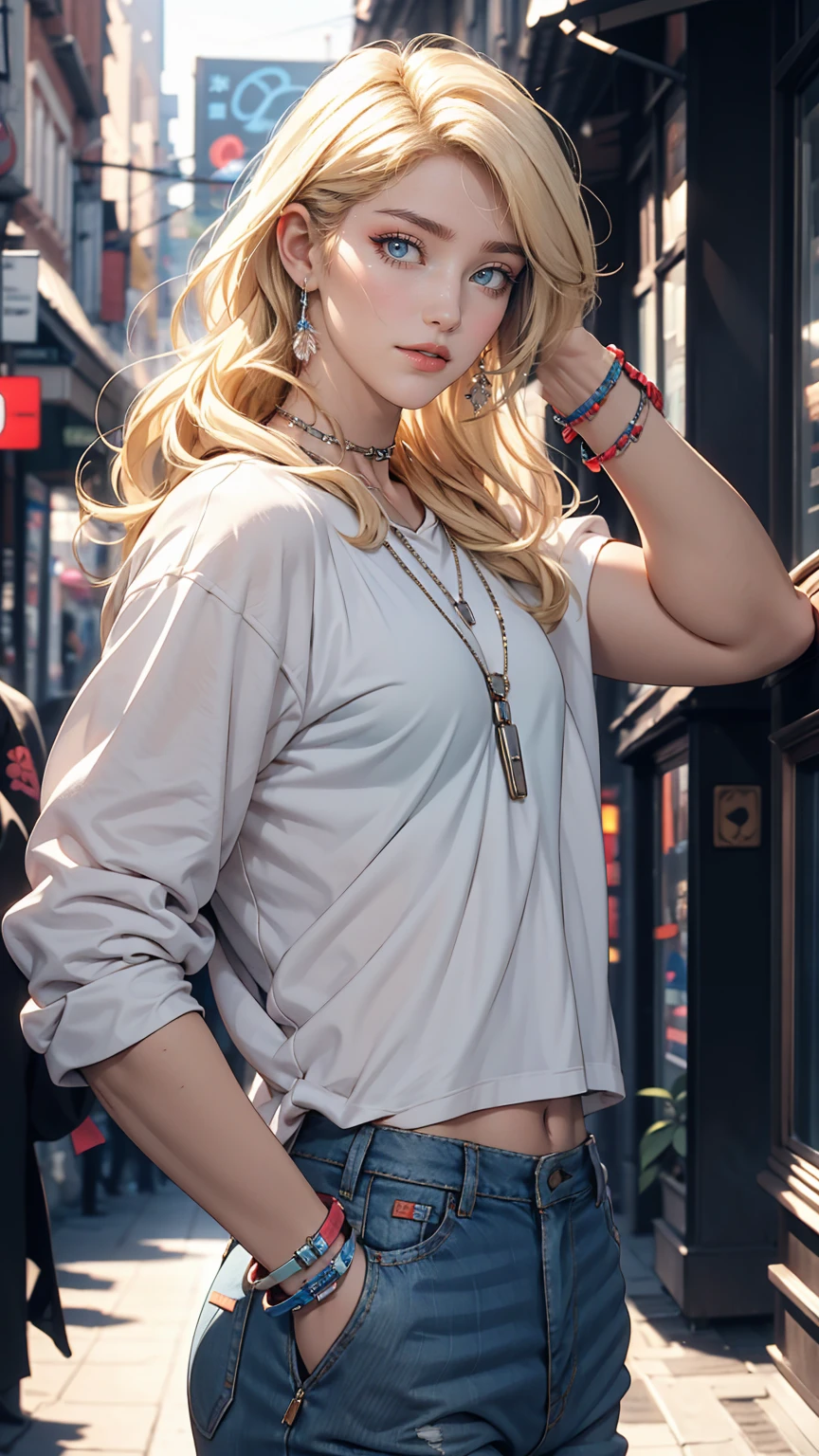 25-year-old Caucasian female、Platinum Blonde、blue eyes、long hair、My hair is wavy、Wearing accessories on the wrist、I'm wearing a choker、Shiny skin、smile、The navel is sticking out、Big Breasty abs are ripped、Slim and muscular body、I want my head to stay off screen、I'm in a back alley in the downtown area of、Wearing a hoodie with the hood up、Looking at me while hiding his face with his hood、I'm wearing leggings、Crouching、Looking to the side、My chest is popping out