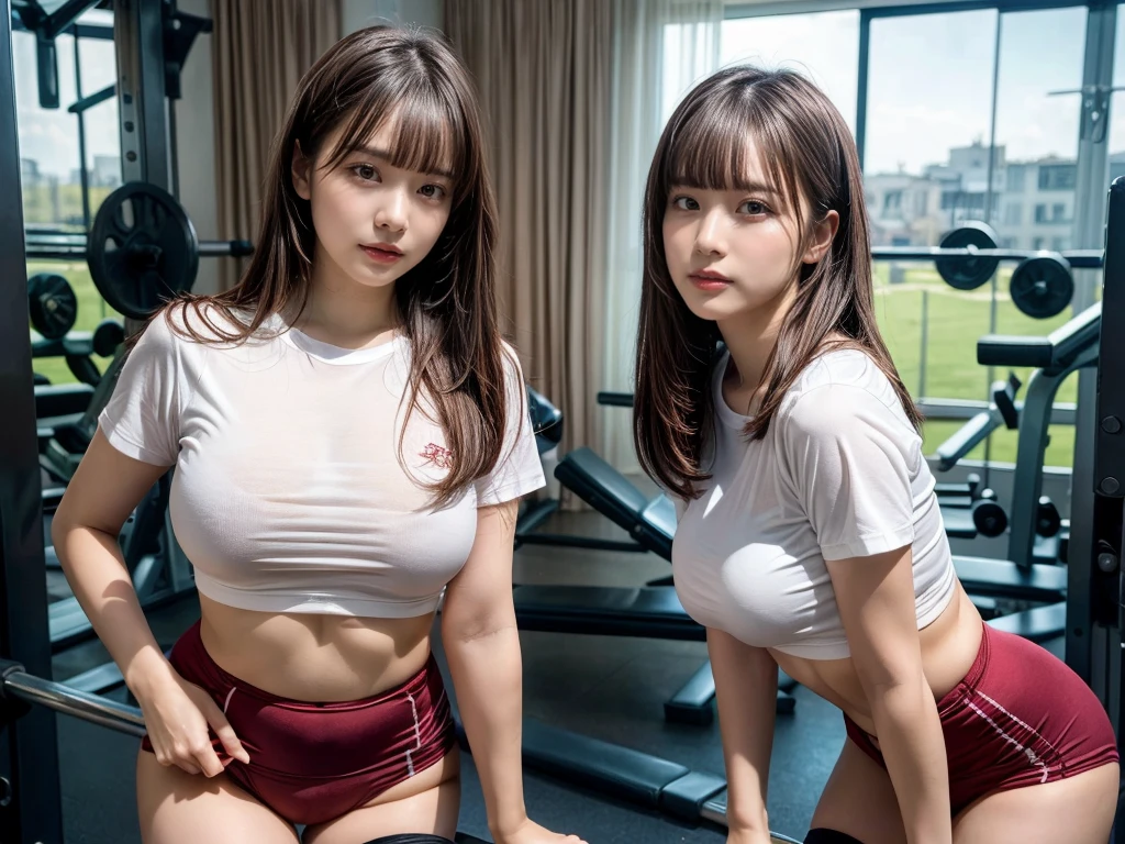 (RAW photo, 4k, masterpiece, high resolution, extremely complex) (realistic: 1.4), cinematic lighting
((2 girls)),Slam Dunk's,blushing,((innocent)),(Dark makeup),bright eyes,round eyes,blunt bangs,(straight hair:1.3),black hair,large breasts,wide hips,Summer Noon, 15 year old girl、cute type、ta,Hot, (Best Quality), (Highres), (an Extremely Delicate and Beautiful),(Beautiful 8k face),(Brown eyes),short bob hair,( spectators),(gigantic breasts),(Play with each other,Touching each other's bodies,Touching the body),(School-specified gym clothes, white gym uniform, short sleeve, wine red tight bloomers, tuck in),(reality),bright lighting,(The background is a luxury hotel room)