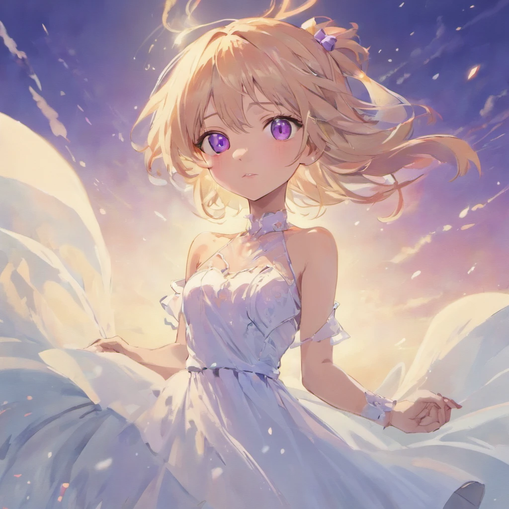 1 Girl,a high resolution, High quality, masterpiece, mxmkWhiteDress, bare shoulder, Purple eyes, White dress, Hair, turmoil, beach