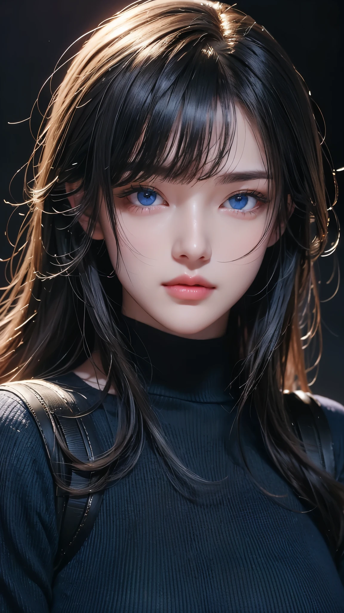 masterpiece, highest quality, Super detailed, Facing the camera, 複雑に詳細なSuper detailed, Realistic, Sharp features, Very detailed, Sharp focus, Perfect Face, Perfect Face, Perfect symmetrical perfect eyes, Perfect Plump Lips, Flexible female form, Cinematic, Film Light, Super detailed, hyper Realistic, masterpiece, Atmospheric, High resolution, Vibrant, Dynamic Studio Lighting, ((Dark Background)), The expression when enduring pleasure, Straight bangs, blue eyes,Black sweater, Cowboy Shot,turtleneck、first round、Sexually aroused expression