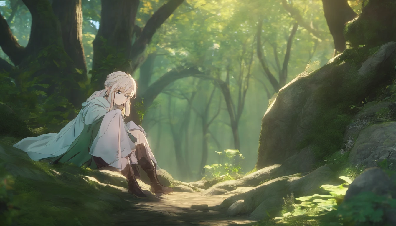 Ryu, Elbow hand pockets, Green Cape, Hooded cloak, Forest Background, Bokeh, Medium Shot, Very detailed, beautiful, masterpiece, Perfect Anatomy, [[Award-winning photography, Macro Photography Vivid Colors]], Atmospheric, Majestic, High resolution, That&#39;s excellent, Very detailed, complicated, Realistic lighting, 4K, (alone:1.2), (cute:1.1), (Anime screenshots), 　in the forest, Departure, A beautiful female elf around 30 years old