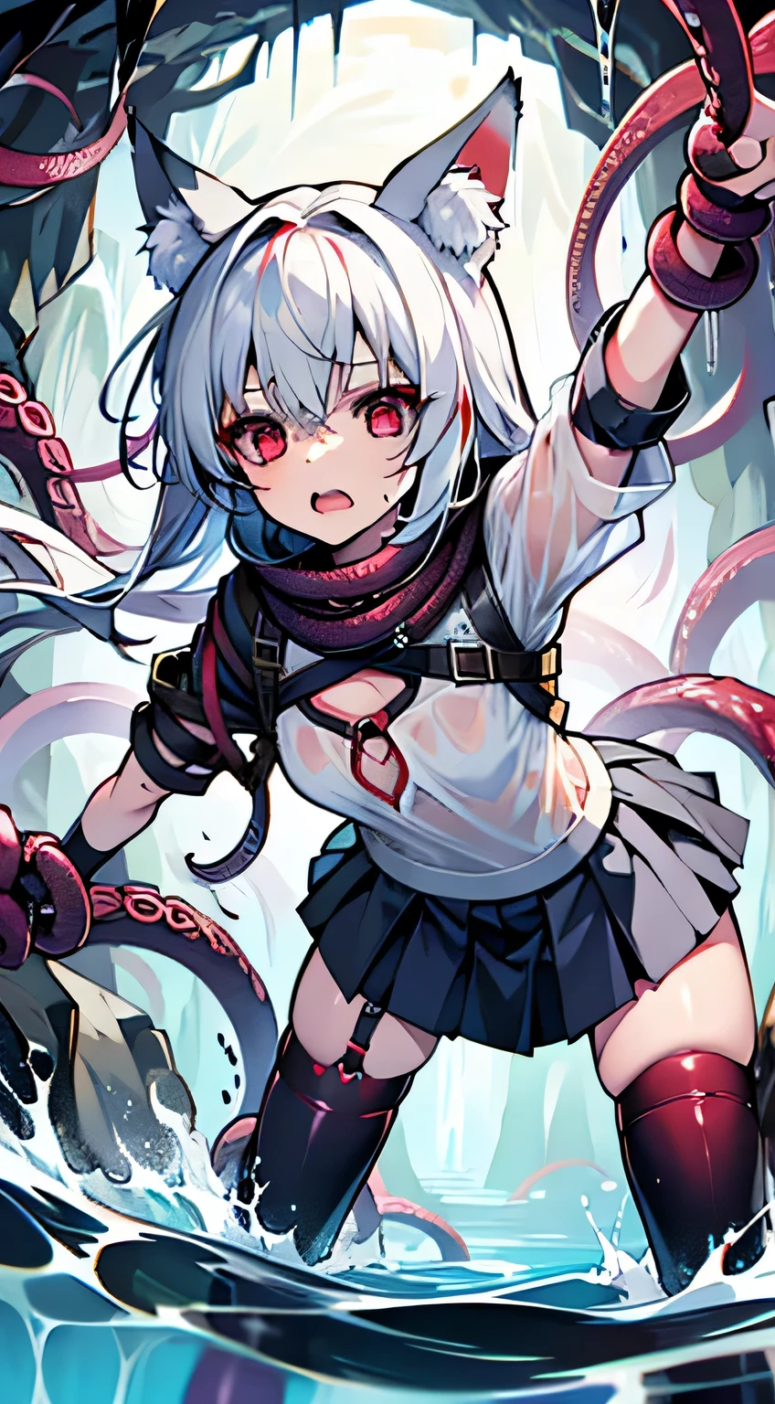 Anime girl with white hair and black and red eyes holding a gun - SeaArt AI