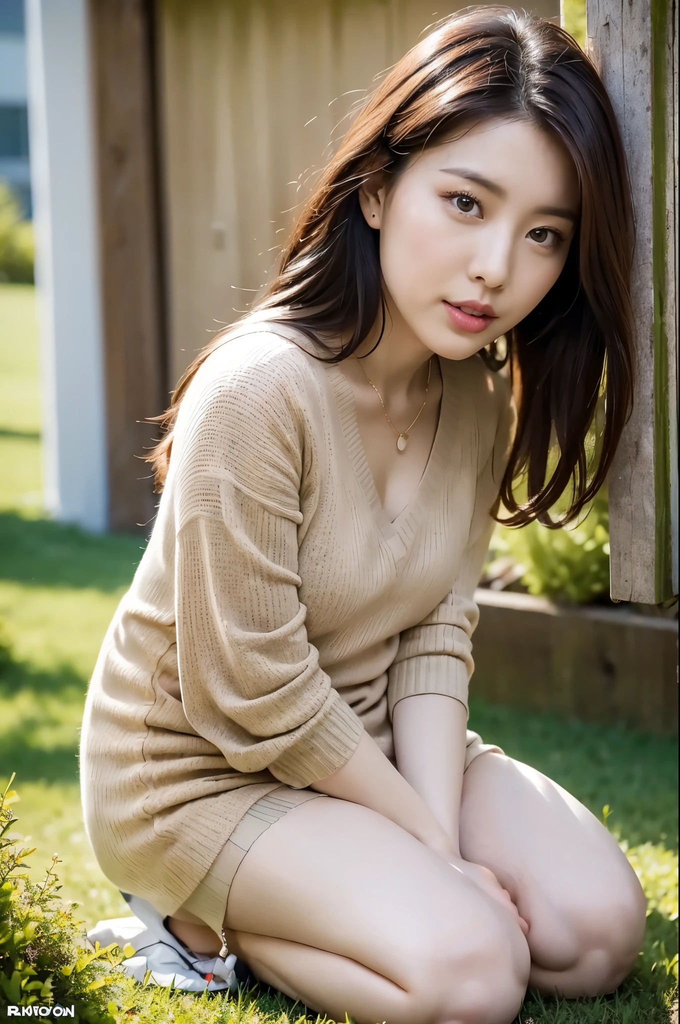 ulzzang-6500-v1.1, (Raw photo:1.2), (Photorealistic), (See-through:1.3), (Genuine:1.4), ((Full Body Shot:1.6))、Japanese girl sitting on the lawn at the kindergarten, Sit knee-to-knee、Sit on one&#39;s buttocks、Holding my knees、Huge file sizes, High resolution, Very detailed, highest quality, [masterpiece:1.6], An illustration, Very detailed, Ticker, Fine details, highest quality, 8k wallpaper, Cinema Lighting, Cute droopy eyes Beautiful big eyes, ((Mastepiece)), Best Quality, 1 Girl, Eyeshadow, Realistic skin texture、Shiny skin、Bare thighs!!! , Makeup、
