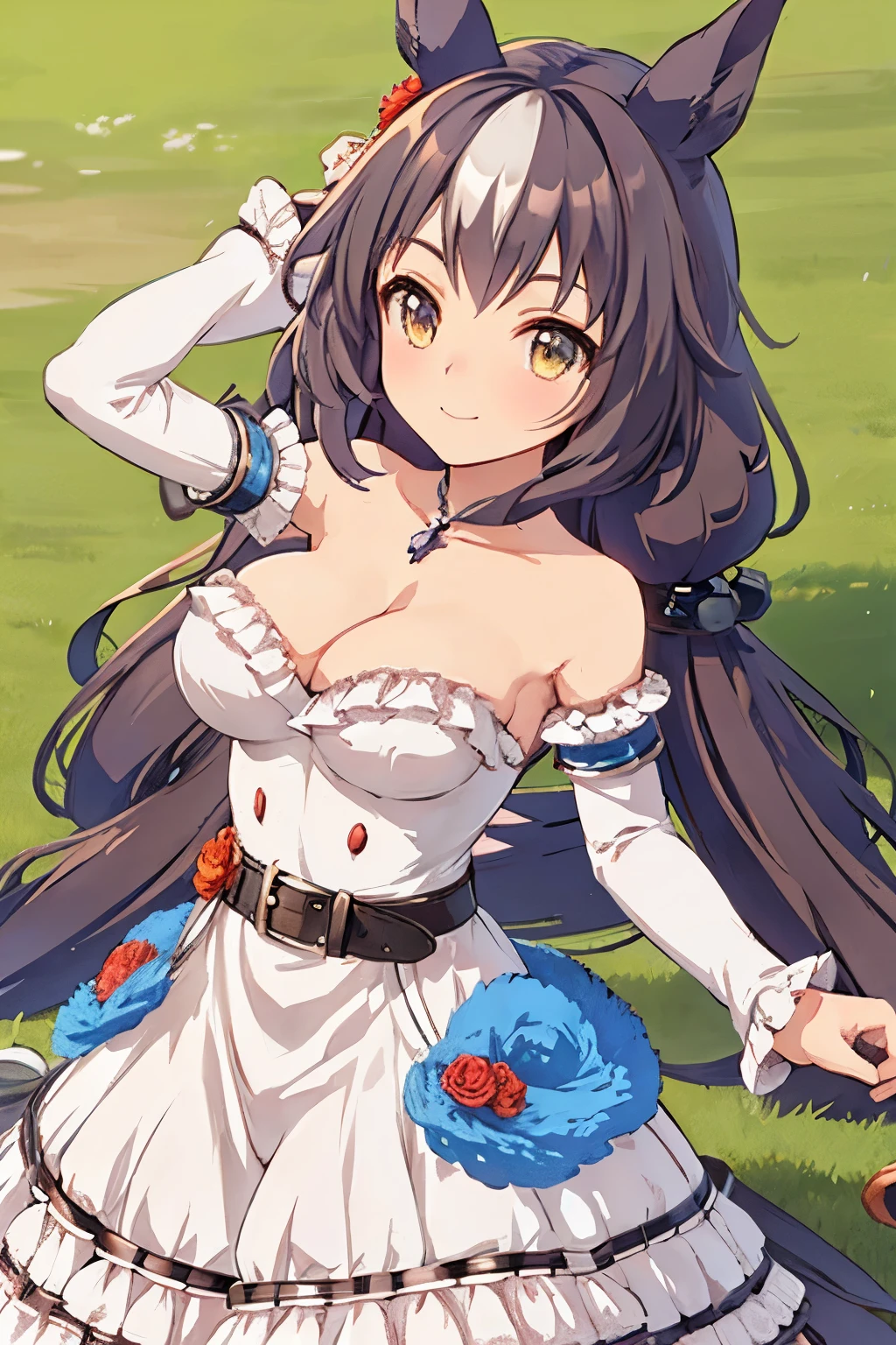 highest quality、masterpiece、High resolution、Animal ears、Animal tails、White Dress、Light blue sleeves、bulging hem、Red Belt、Anime Style、beautiful girl、Long Hair、Brown Hair、Large Breasts、Cleavage、grassland、Hair blowing in the wind、smile、White Skirt、The right hand is to hold the hair、The arm part is light blue、Top view、Upper body close-up