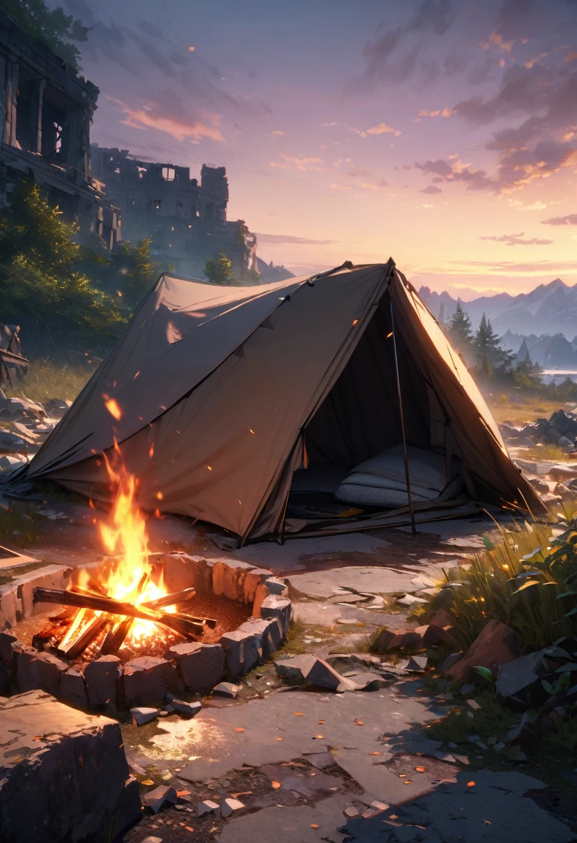 (highest quality,4K,8k,High resolution,masterpiece:1.2),Super detailed,Outdoor Camping, highest quality, Abandoned ruins, Outdoor Camping,Crumbled Temple、Morning Glow、Bonfire and tent