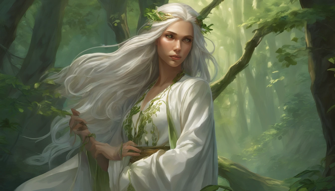 "In a lush, serene forest, a young-looking elf woman in her 40s stands gracefully. She has long, silver hair flowing down her shoulders and piercing, kind eyes. Her ears are pointed, characteristic of elves. She is dressed in a white tunic and a green cloak fastened with a golden brooch. She stands with a gentle, contemplative expression, her hands delicately clasped in front of her. A wooden staff adorned with fresh green leaves rests against her side. The forest around her is filled with tall trees, their trunks bathed in soft, dappled sunlight filtering through the dense canopy above, creating a tranquil and enchanting atmosphere."