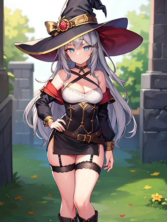 (1girl in:1.2), (Solo:1.2) , nffsw, Shaders, Brilliant Textured Work, Ultra-detailed eyes, ultra-intricate pupil in eyes, top-quality, full body, witch's hat, Leather belt on hat, Gray hair, long hair, Smooth straight hair, deadpan, No emotion, Gray eyes, a closed mouth, witch clothing, miniskirt, off shoulder, Witch's Boots, looking at viewer, Stone wall, Brick floor, , , , middle breasts, (garter ring:1.3), slim body, slim legs, collarbones, jitome, (V-sharped eyebroe:1.4), standing, (curtsey:1.2),