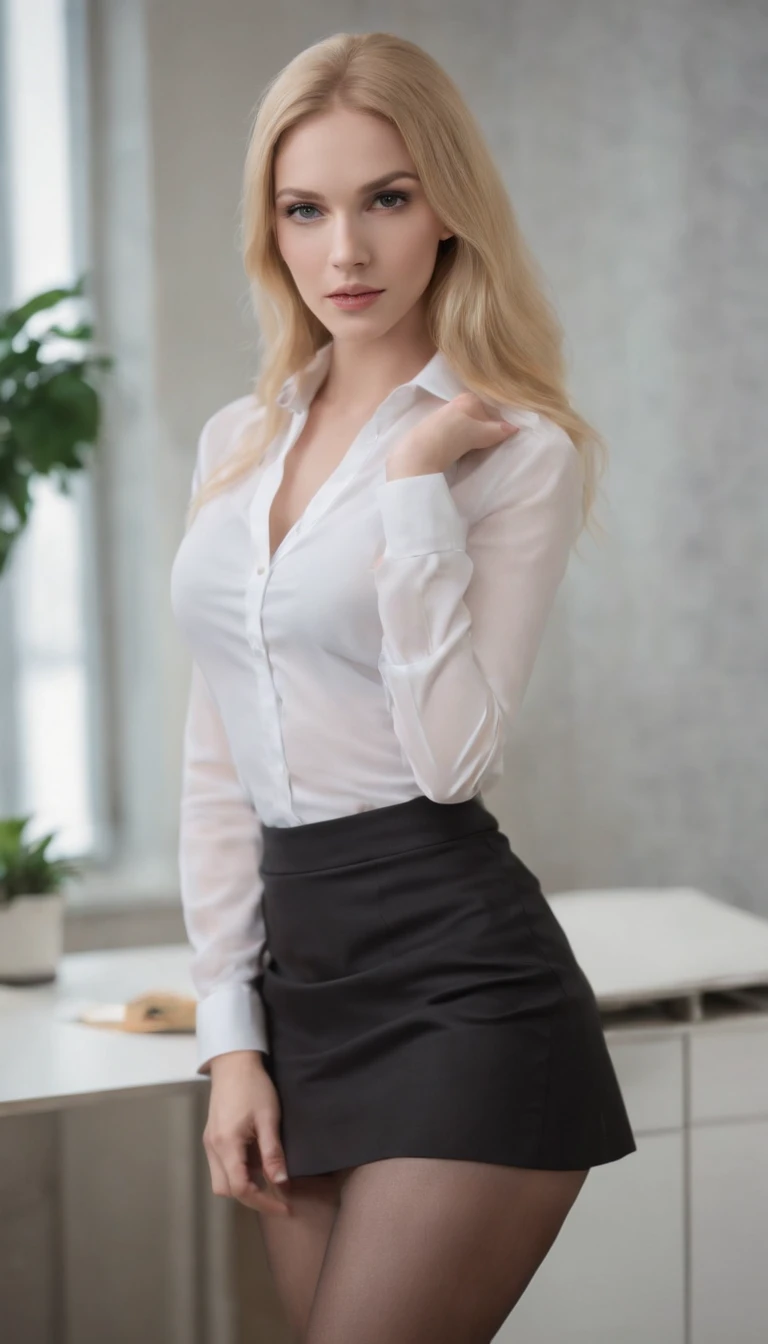 A woman in black pantyhose stands in her office, Wearing a black miniskirt and white unbuttoned shirt，Long yellow hair, black silk, Very white skin,, Very sexy miniskirt,，black heels