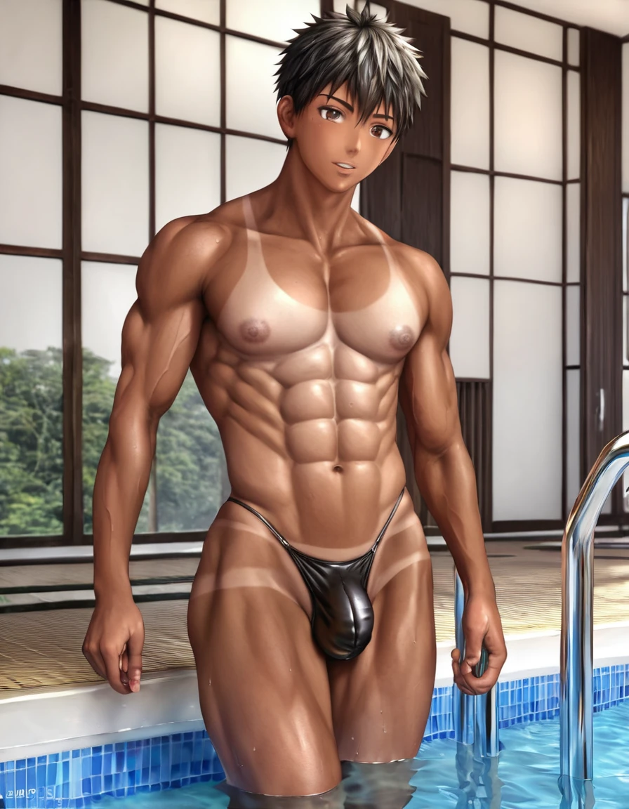 high quality, detailed,  bulky japanese boy, detailed brown eyes, (abs:1.5), (tanned skin:1.5), (detailed areola:1.4), black short hair, (black tiny thong), (puffy bulge), pool