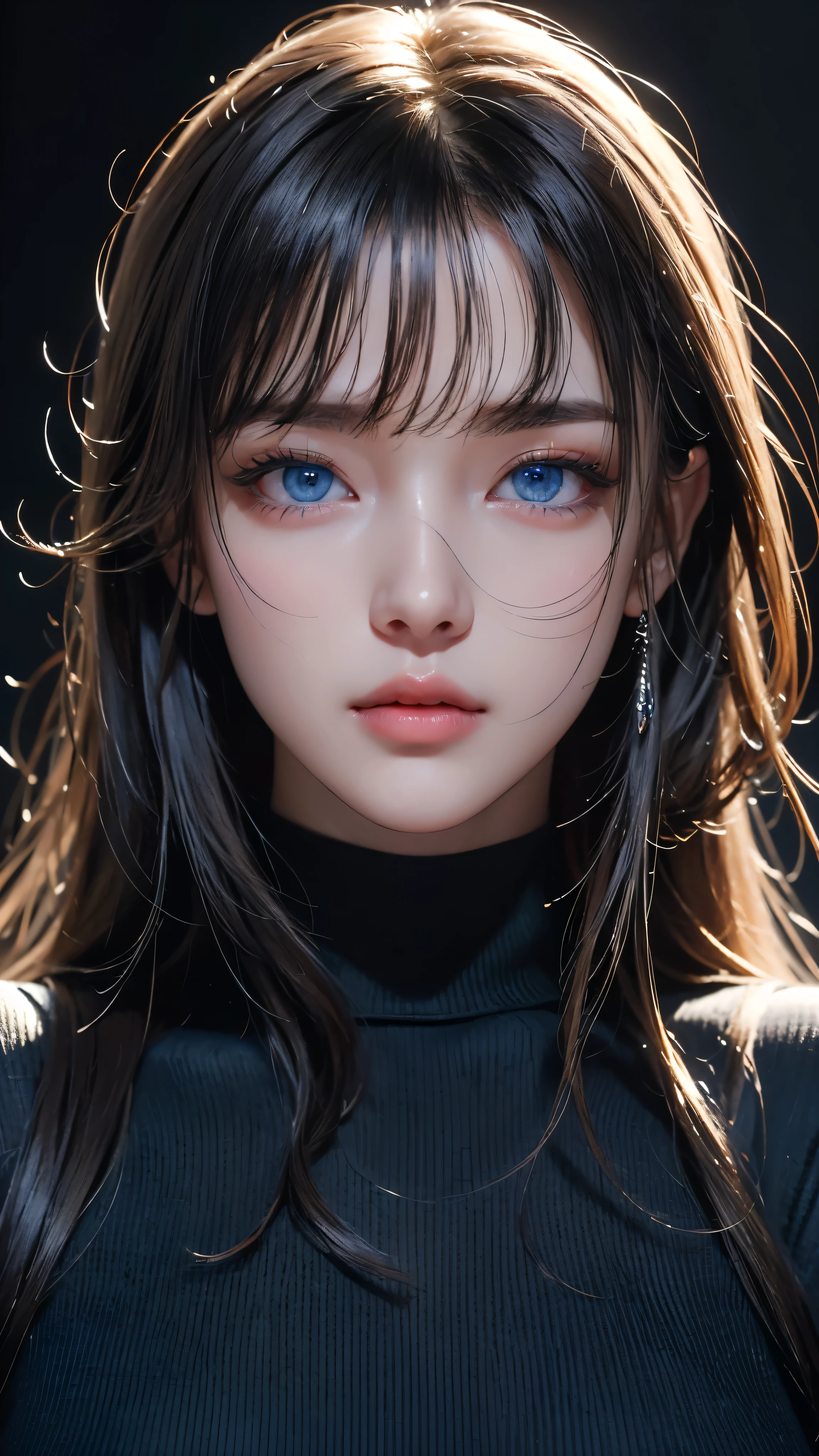 masterpiece, highest quality, Super detailed, Facing the camera, Super detailed, Realistic, Sharp features, Very detailed, Sharp focus, Perfect Face, Perfect Face, Perfect symmetrical perfect eyes, Perfect Plump Lips, Flexible female form, Cinematic, Film Light, Super detailed, hyper Realistic, masterpiece, Atmospheric, High resolution, Vibrant, Dynamic Studio Lighting, ((Dark Background)), The expression when enduring pleasure, Straight bangs, blue eyes,Black sweater, Cowboy Shot,turtleneck、first round、Sexually aroused expression