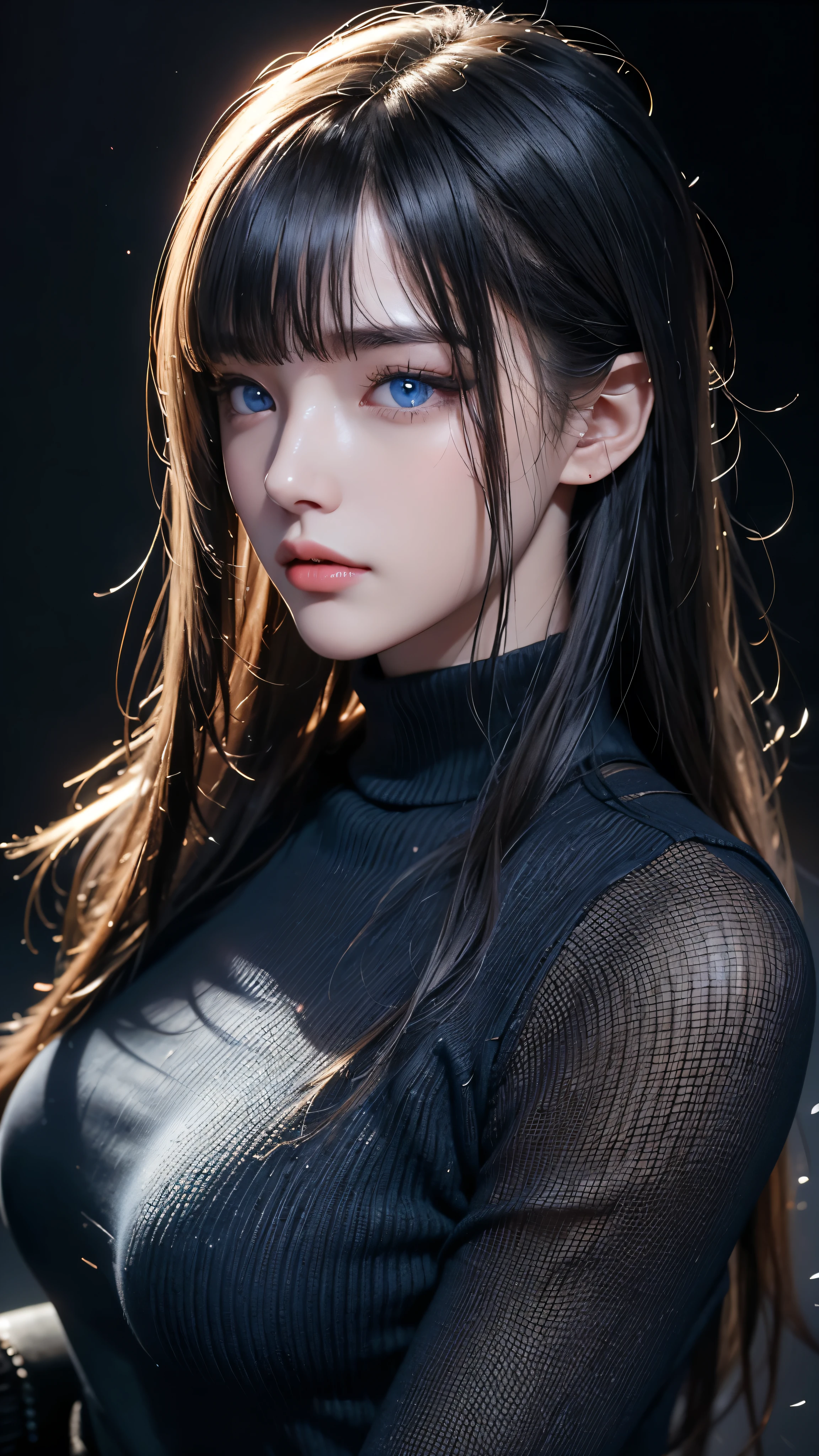 masterpiece, highest quality, Super detailed, Facing the camera, Super detailed, Realistic, Sharp features, Very detailed, Sharp focus, Perfect Face, Perfect Face, Perfect symmetrical perfect eyes, Perfect Plump Lips, Flexible female form, Cinematic, Film Light, Super detailed, hyper Realistic, masterpiece, Atmospheric, High resolution, Vibrant, Dynamic Studio Lighting, ((Dark Background)), The expression when enduring pleasure, Straight bangs, blue eyes,Black sweater, Cowboy Shot,turtleneck、first round、Sexually aroused expression