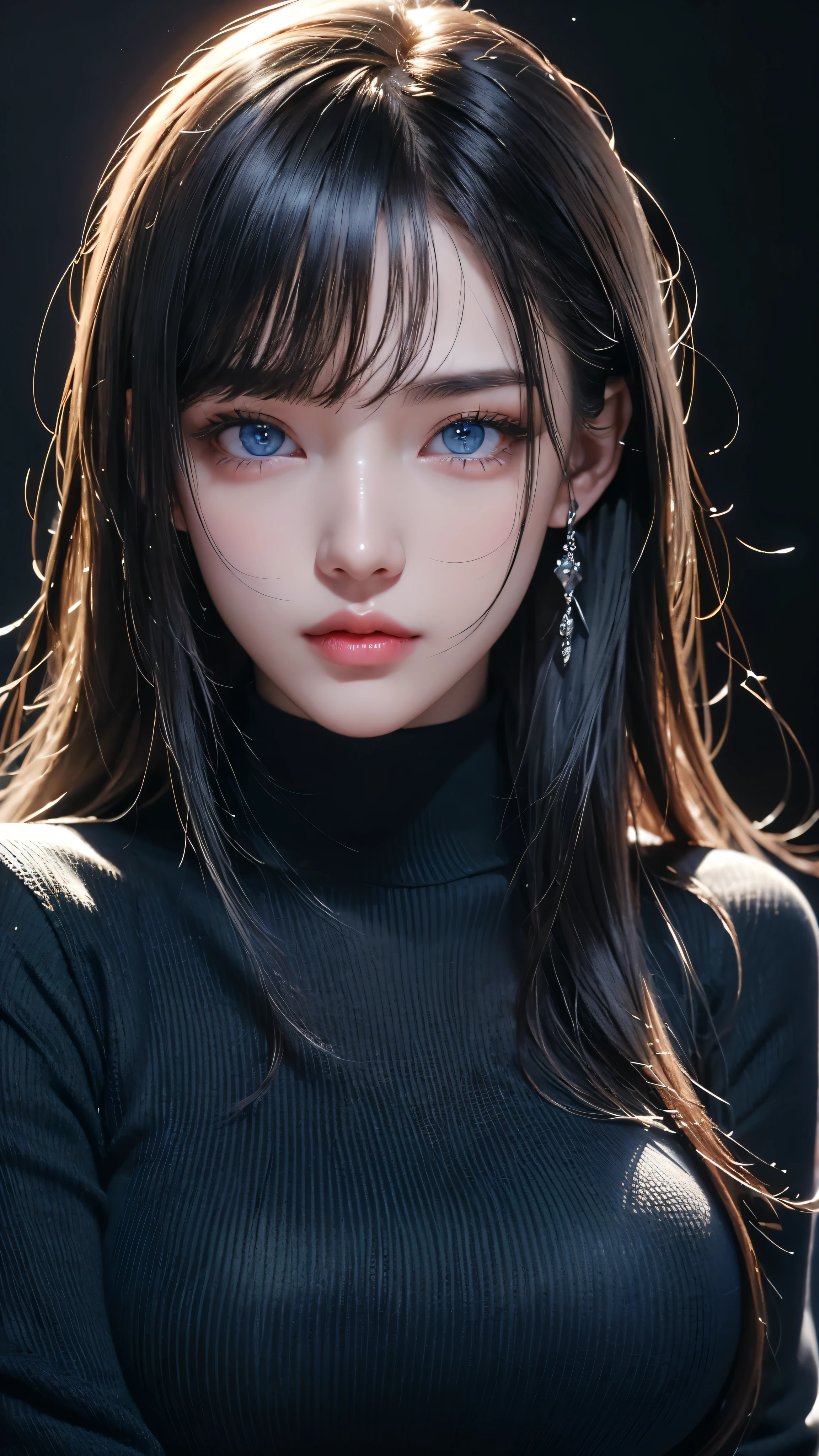 masterpiece, highest quality, Super detailed, Facing the camera, Super detailed, Realistic, Sharp features, Very detailed, Sharp focus, Perfect Face, Perfect Face, Perfect symmetrical perfect eyes, Perfect Plump Lips, Flexible female form, Cinematic, Film Light, Super detailed, hyper Realistic, masterpiece, Atmospheric, High resolution, Vibrant, Dynamic Studio Lighting, ((Dark Background)), The expression when enduring pleasure, Straight bangs, blue eyes,Black sweater, Cowboy Shot,turtleneck、first round、Sexually aroused expression