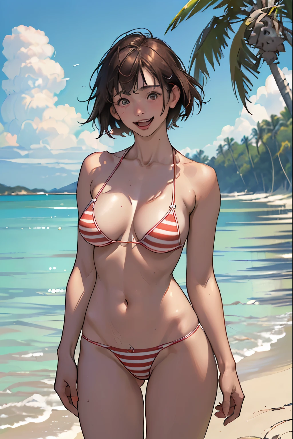 ((((Brown hair、cute13歳、Japanese、coastal、Only one girl、short))))、(((Knee-high shot,、coastal、vague、Near the waves、The background is the sea、Beach、Palm tree、Beach、Standing in water、Leg spread、Open your thighs))), Skin color, 、(Medium Bob Hair、Straight hair)Laughter, (In 8K, Raw photo, highest quality, masterpiece: 1.2), masterpiece, 超detailed, 超A high resolution, (Realistic and photorealistic photography: 1.37), High-resolution RAW color photos, Very delicate and beautiful, 非常にdetailedな, In 8K, Amazing, detailed, 非常にdetailedな目, 非常にdetailedな皮膚, 非常にdetailedな指, h非常にdetailedな nose, 非常にdetailedな口, Perfect Anatomy, (( Pure Emotions、Transparency、Red colorful striped micro bikini、White colorful striped micro bikini、Red colorful striped micro bra、White colorful striped micro panties、))、((((Perfect Proportions,13 years、With a girl、F Cup Big、press、cute、Laughter))))、