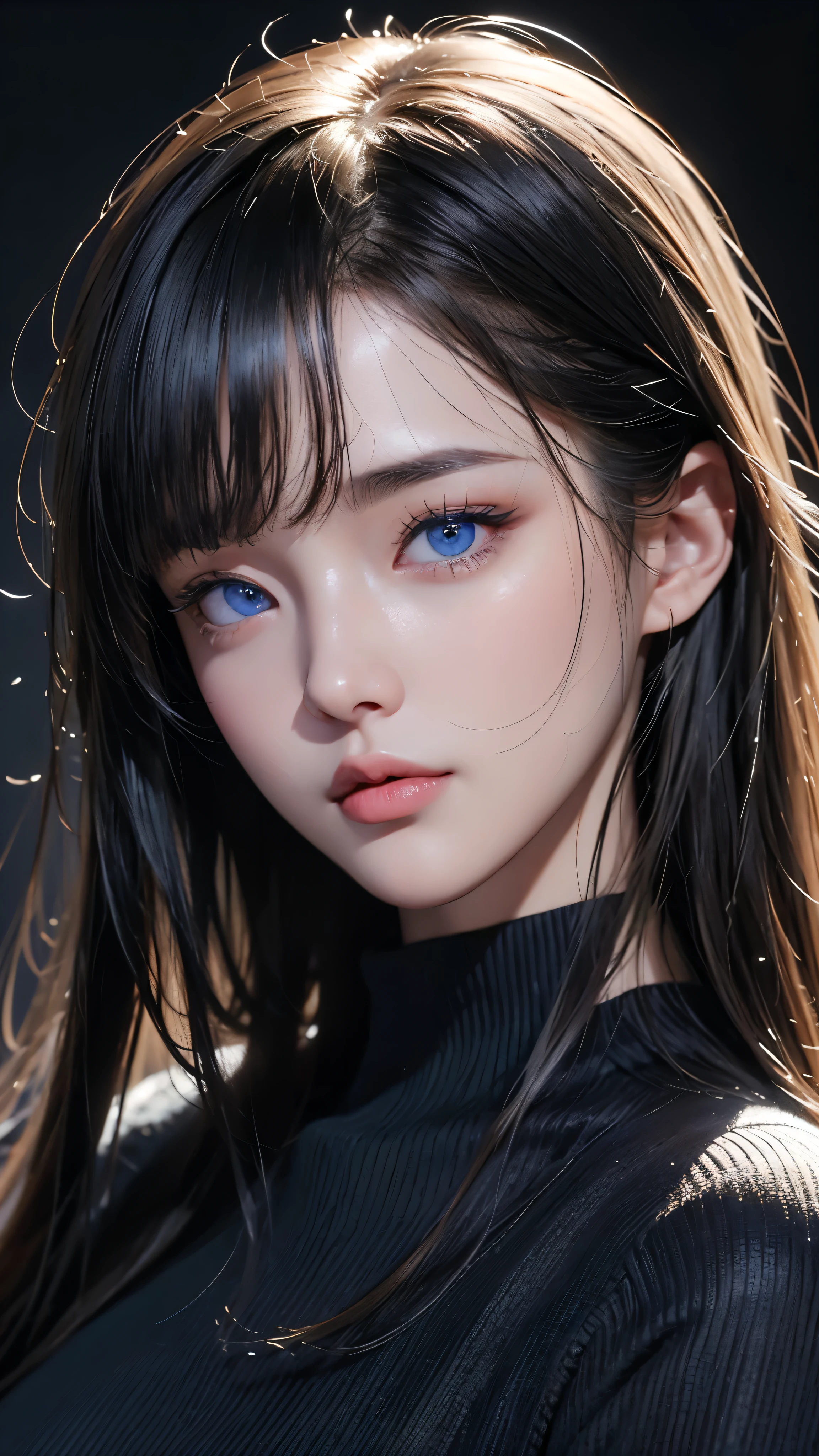 masterpiece, highest quality, Super detailed, Facing the camera, Super detailed, Realistic, Sharp features, Very detailed, Sharp focus, Perfect Face, Perfect Face, Perfect symmetrical perfect eyes, Perfect Plump Lips, Flexible female form, Cinematic, Film Light, Super detailed, hyper Realistic, masterpiece, Atmospheric, High resolution, Vibrant, Dynamic Studio Lighting, ((Dark Background)), The expression when enduring pleasure, Straight bangs, blue eyes,Black sweater, Cowboy Shot,turtleneck、first round、Sexually aroused expression