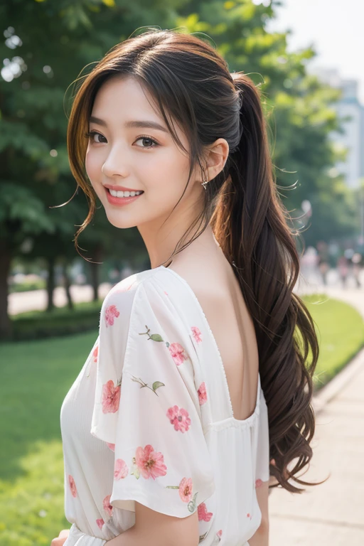 highest quality、4K、Perfect Face、Perfect Style、Sunburn、Long Layer Hair、beautiful、stylish casual appeal、Mature、Curly pony tail Hair、Swept-back hair、at park 、full body, giddy smile、flower、