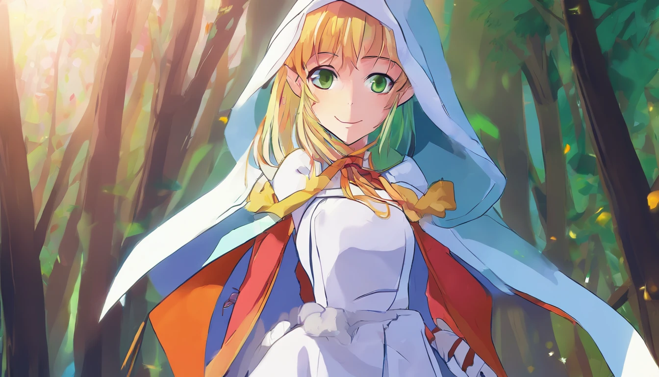 Ryu, Elbow hand pockets, Green Cape, Hooded cloak, Forest Background, Bokeh, Medium Shot, Very detailed, beautiful, masterpiece, Perfect Anatomy, [[Award-winning photography, Macro Photography Vivid Colors]], Atmospheric, Majestic, High resolution, That&#39;s excellent, Very detailed, complicated, Realistic lighting, 4K, (alone:1.2), (cute:1.1), (Anime screenshots), 　in the forest, Departure, A beautiful female elf around 30 years old