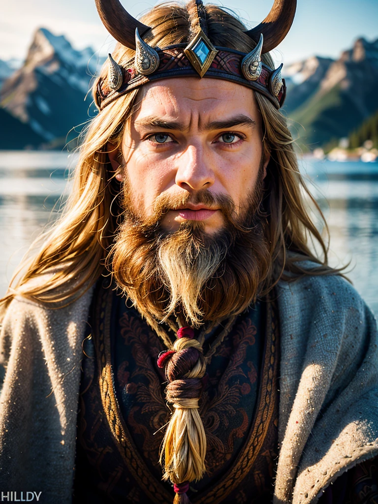 (best quality, masterpiece, highest detailed), (photorealistic:1.2), raw photo, portrait, stern Viking, looking at viewer, Scandinavian mountains, (vibrant color), (intricate details), exposure blend, bokeh, dim light, (hdr: 1.4), high contrast, (muted colors, dim colors, soothing tones:1.3), low saturation, morbid