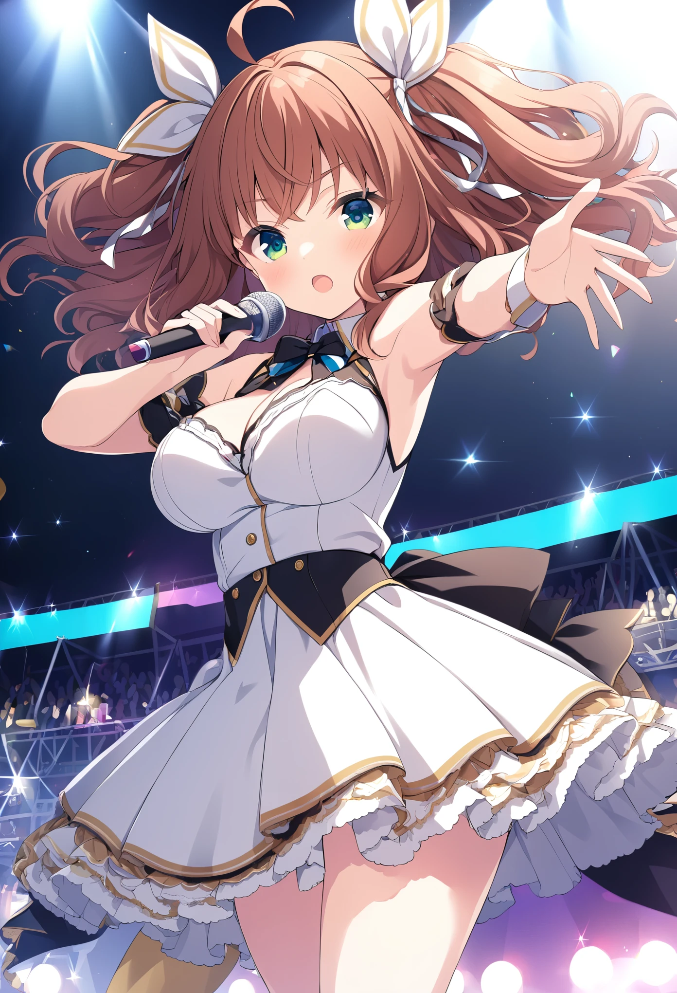 HIIRAGIMAKOTO, BROWN HAIR, AHOGE, SHORT HAIR, YELLOW EYES, BROWN ,Hair Ribbon, large breasts, live stage, solo,