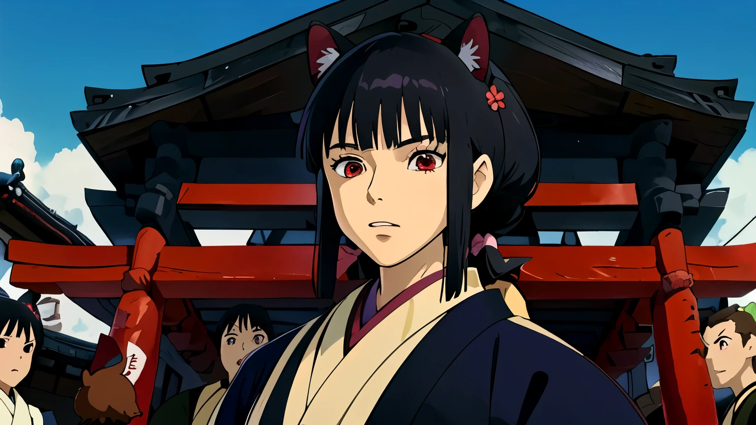 (1 chica hermosa junkotvv), (cabello largo color negro con orejas de gato y (ojos rojos)), de pie, ((festival exterior cerca de un templo estilo japones anime, puestos de comida con letreros japoneses)),(Kimono color morado), kimono elegante multicolor, (ghibli style)