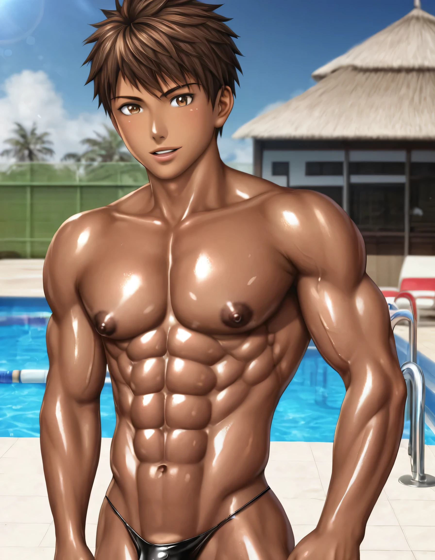 high quality, detailed, 24 years old bulky japanese boy, detailed brown eyes, (abs:1.5), (dark brown shiny skin:1.5), (detailed areola:1.5), black short hair, (black tiny thong), (puffy bulge), pool