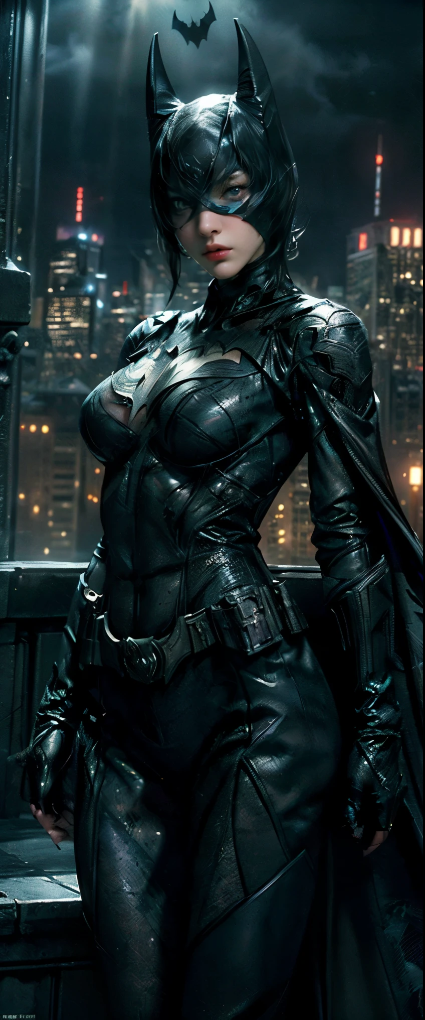 ((Masterpiece, Top Quality, High Resolution, Photorealistic, Raw, 8K wallpaper)), (huge stunning goddess shot, very hot and sexy, jaw dropping beauty, perfect proportions, beautiful body, slim body beauty: 1.4), batman standing on Rooftop overlooking city skyline at night, gotham city background, nighttime in gotham city, gotham city, from movie batman, gotham city double exposure, gotham city style, film still of batman, metropolis filmic gotham city, cyberpunk batman, still image from batman movie, in batman movie still cinematic, gotham setting, the batman, gotham, 