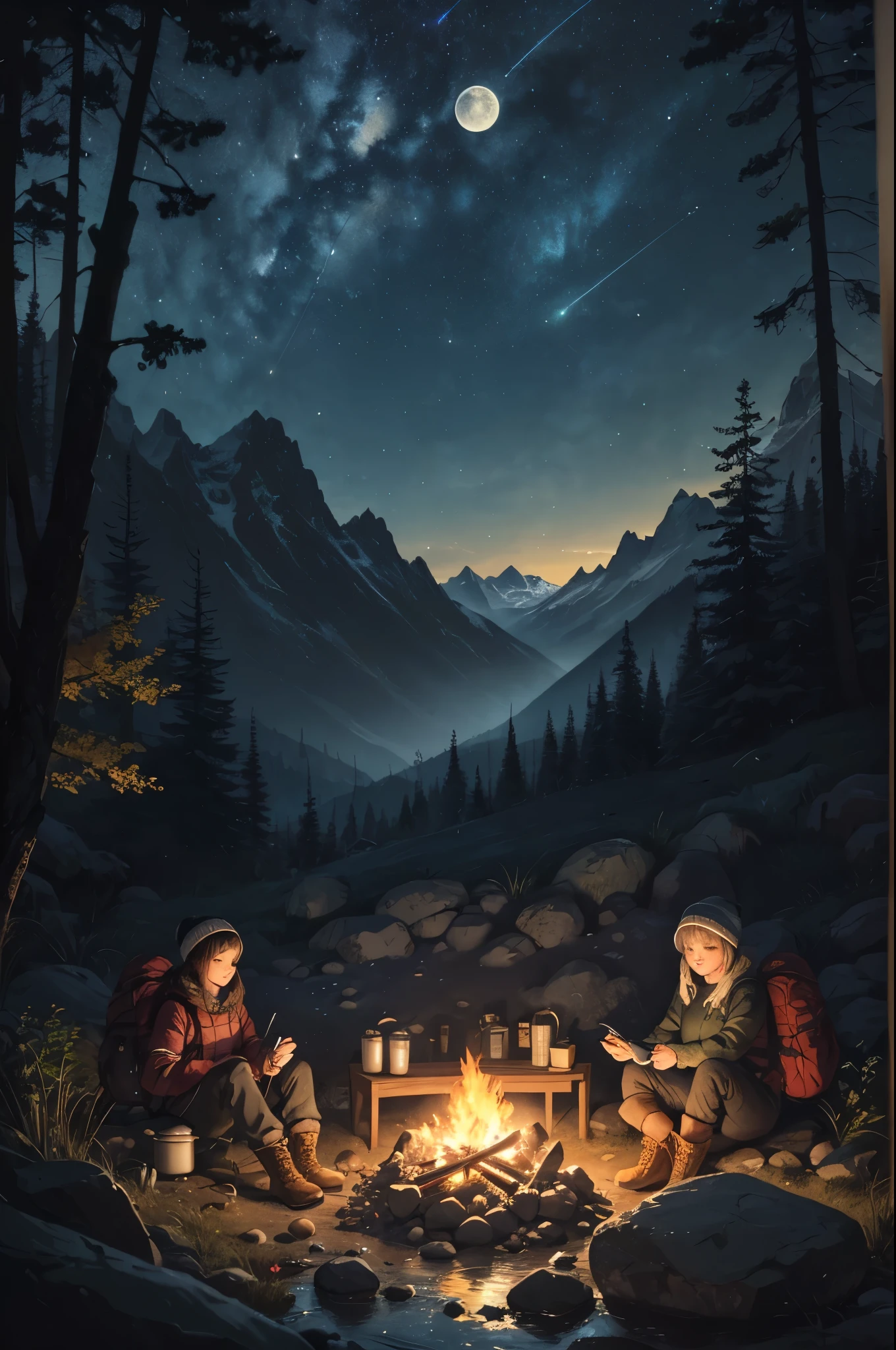 watercolor illustration,masterpiece,best quality,detailed background,ultra-detailed,illustration,1girl,solo,outdoors,camping,night,mountains,nature,stars,moon,bonfire,tent,twin ponytails,green eyes,cheerful,happy,backpack,sleeping bag,camping stove,water bottle,mountain boots,gloves,sweater,hat,flashlight,forest,rocks,river,wood,smoke,shadows,contrast,clear sky,constellations,Milky Way,peaceful,serene,quiet,tranquil,remote,secluded,adventurous,exploration,escape,independence,survival,resourcefulness,challenge,perseverance,stamina,endurance,observation,intuition,adaptability,creativity,imagination,artistry,inspiration,beauty,awe,wonder,gratitude,appreciation,relaxation,enjoyment,rejuvenation,mindfulness,awareness,connection,harmony,balance,texture,detail,realism,depth,perspective,composition,color,light,shadow,reflection,refraction,tone,contrast,foreground,middle ground,background,naturalistic,figurative,representational,impressionistic,expressionistic,abstract,innovative,experimental,unique,