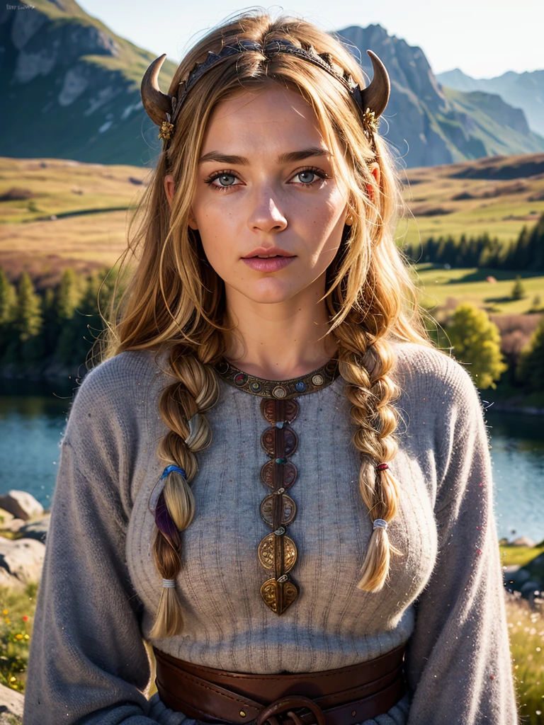 (best quality, masterpiece, highest detailed), (photorealistic:1.2), raw photo, portrait, stern Viking woman , looking at viewer, Scandinavian mountains, (vibrant color), (intricate details), exposure blend, bokeh, dim light, (hdr:  1.4), high contrast, (muted colors, dim colors, soothing tones:1.3), low saturation, morbid