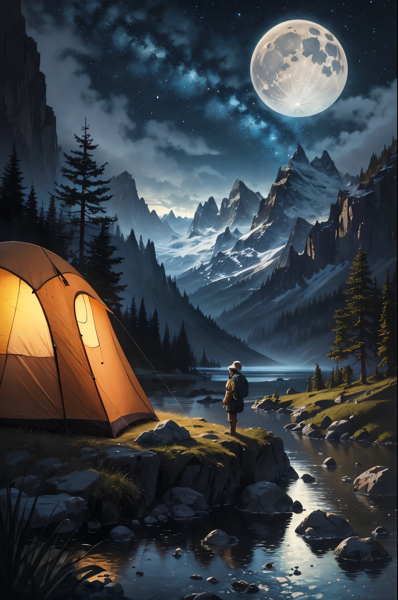 watercolor illustration,masterpiece,best quality,detailed background,ultra-detailed,illustration,1girl,solo,outdoors,camping,night,mountains,nature,stars,moon,bonfire,tent,twin ponytails,green eyes,cheerful,happy,backpack,sleeping bag,camping stove,water bottle,mountain boots,gloves,sweater,hat,flashlight,forest,rocks,river,wood,smoke,shadows,contrast,clear sky,constellations,Milky Way,peaceful,serene,quiet,tranquil,remote,secluded,adventurous,exploration,escape,independence,survival,resourcefulness,challenge,perseverance,stamina,endurance,observation,intuition,adaptability,creativity,imagination,artistry,inspiration,beauty,awe,wonder,gratitude,appreciation,relaxation,enjoyment,rejuvenation,mindfulness,awareness,connection,harmony,balance,texture,detail,realism,depth,perspective,composition,color,light,shadow,reflection,refraction,tone,contrast,foreground,middle ground,background,naturalistic,figurative,representational,impressionistic,expressionistic,abstract,innovative,experimental,unique,