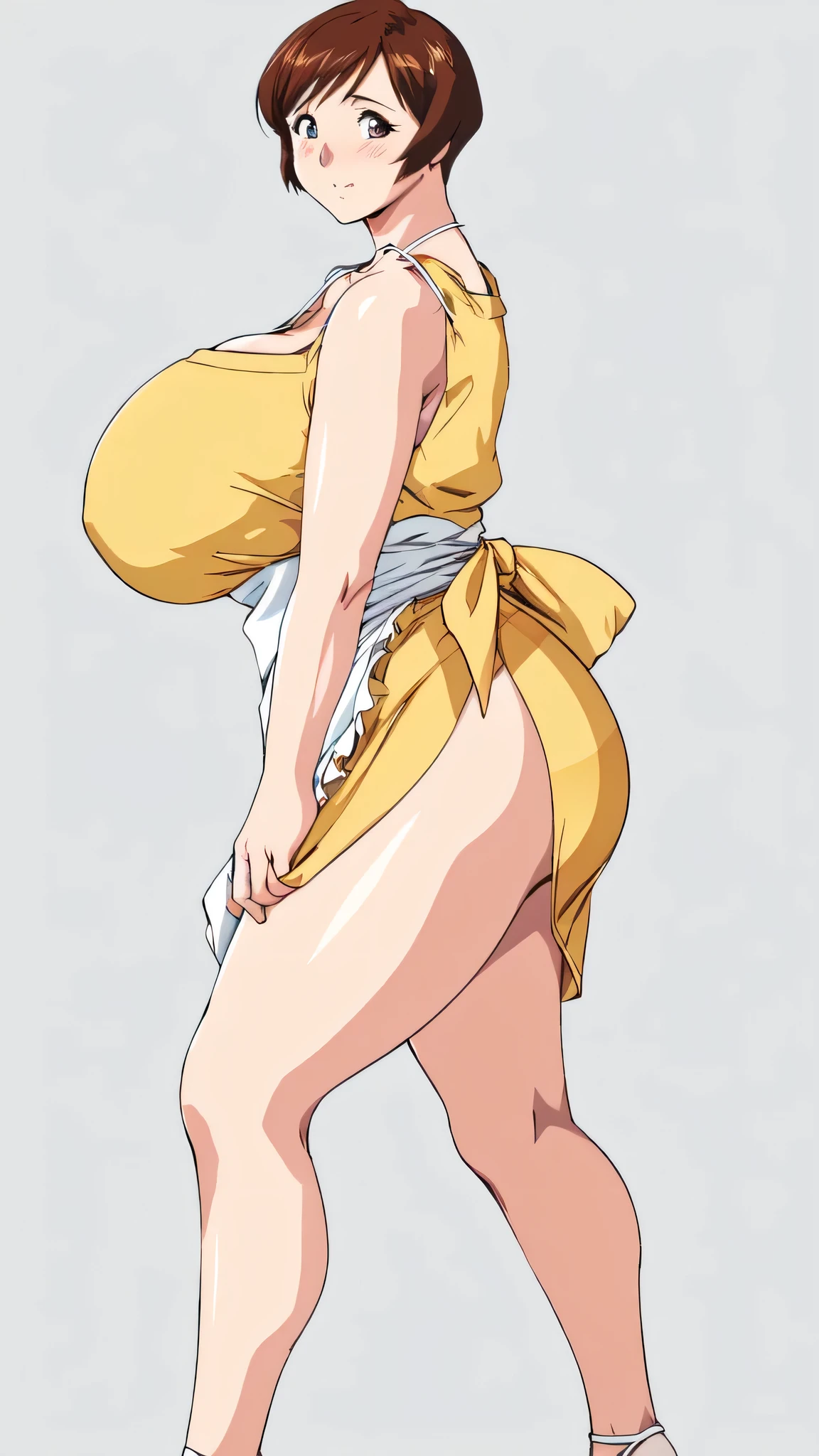 masterpiece, highest quality, High resolution, One Girl, alone, alone, short hair, etsukoto, fine grain, fine grain, (((Thick thighs, Plump thighs, Voluptuous thighs, Thighs are enough))), Big and ample breasts, Cleavage, Huge long breasts, Naughty big,((Big breasts are important))、((Naughty thighs)), L Cup, (thin:1.4),(Tight waist:1.4), (Perfect beautiful yellow dress:1.4), ((white waist apron)), Embarrassed look, White panties, (((Simple Background))), ((Wide Hips)), Shiny, Oily skin, Mature mother, Calf, Seductive mature woman, Perfect body, Plus Size Model, etsukoto, blush, clavicle, retro artstyle, 1990s (style), (((slip legs, bare legs, showing legs))), full body, from side, contrappost,