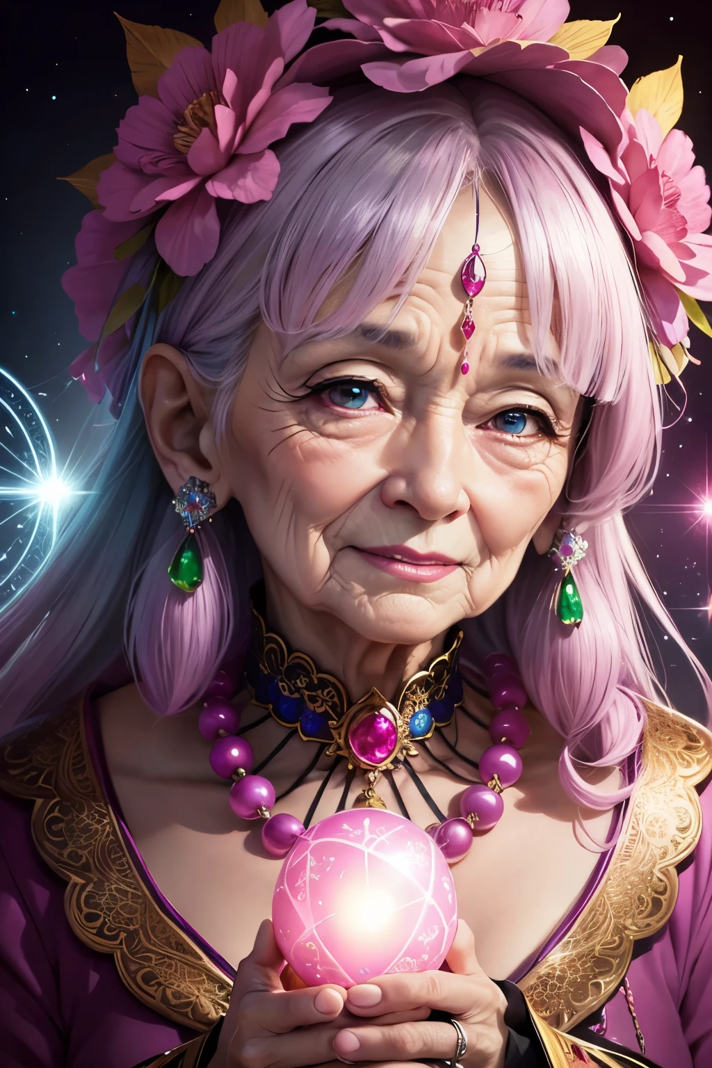 A shining old lady adorned with various jewels,Staring straight into the camera,Mouth slightly open、 in the center,Very bright color, Light Particles, The light shines, Musibu, Wallpaper Art, UHD Wallpaper,Background pink、Divination for meditation、Mysterious