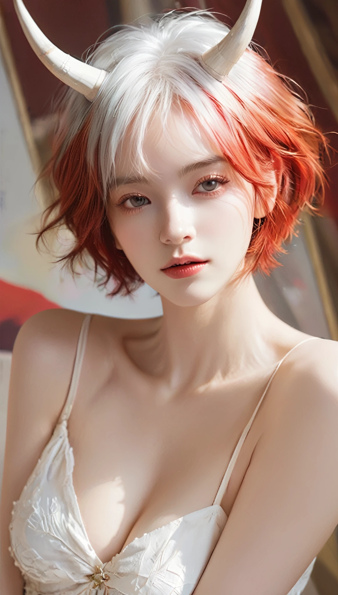 masterpiece,best quality,high quality,Delicate face,delicate eyes,Medium breasts,(Red skin:1.3),short hair,They,They horns,Close one eye,Detailed clothes,painting,whole body,white hair,