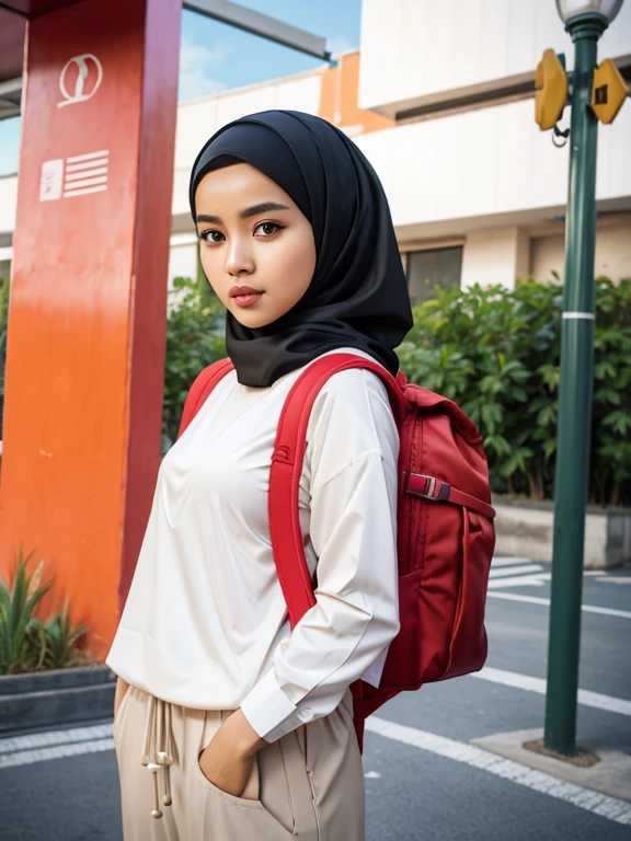 Masterpiece, hd, realistic, Malay girl in hijab wear big oversized loose white collared shirt and high waist pants, ootd, (hijab:1.0), wearing red backpack, travel backpack, (backpack:1.2), front view, detail skin, detail skin texture, small breast, standing, outdoor 