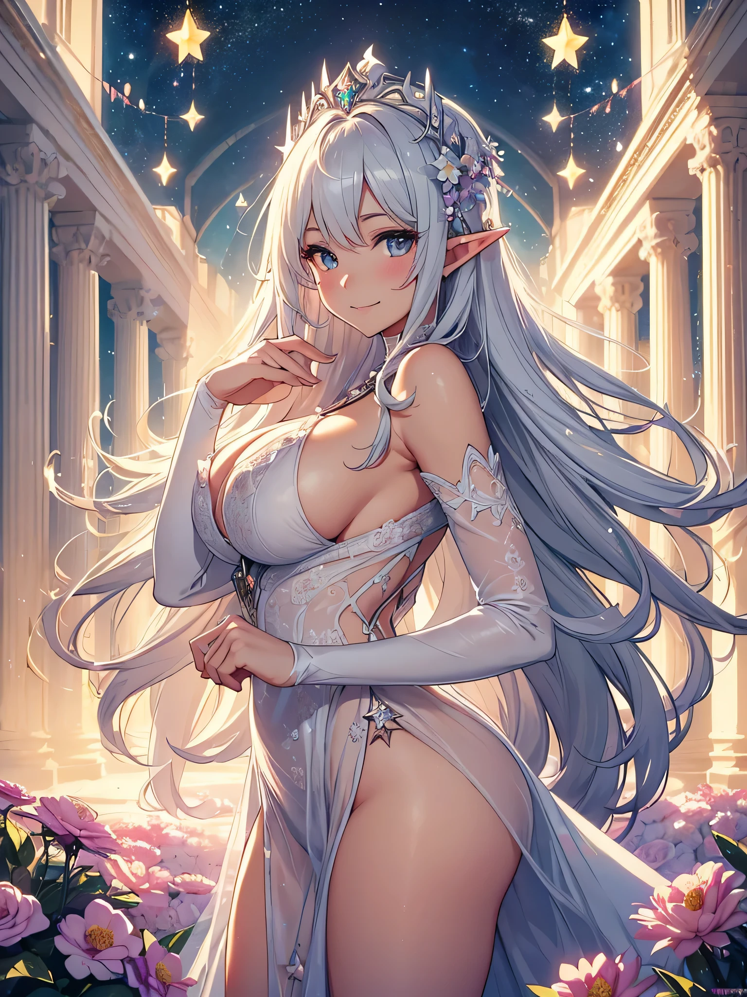 最high quality、1 womanエルフ NP: Worst quality ,Flower fractal art Beautiful back shot, radiance,High-definition depiction, Realistic, 8k, Unity, Wide Shot, light smile, Beautifully and vividly drawn, , Beautiful, beautiful, clear skin、sexy see-through bodystocking,Countless rays of light pouring down, Swirling Light, big background, Raise one arm above your head, Intense light is emitted from the magic circle in front of the girl.
Romanticism,Cowboy Shot: The most beautiful form of chaos, Mr..々color, Intertwined flowers, Particle,magical gentle light,smile,sexy,image quality、masterpiece、Beautiful Face、Super beautiful elf woman((Big breasted 22 year old office lady、Nipples、Bust 90,Beautiful long ironed hair、silverhair,height: 165cm。、sexy、Esbian、、high quality、、background((Star Narski)))、Starry Sky、Visual art、Written boundary depth、、Elf Ears、、universe、Happy smile、Gentle light、Elf forest、elegant、ticker beautiful decorative、、magic、forest、Beautiful tiara、Beautiful bed、Beautiful Landscape、A kind smile、wonderful、Fluttering petals、Dance happily、、Cultivate fantasy、、Mystery light Lots of flowers、、art、forest, palace, art,mystery,Ultra-high resolution,atmosphere