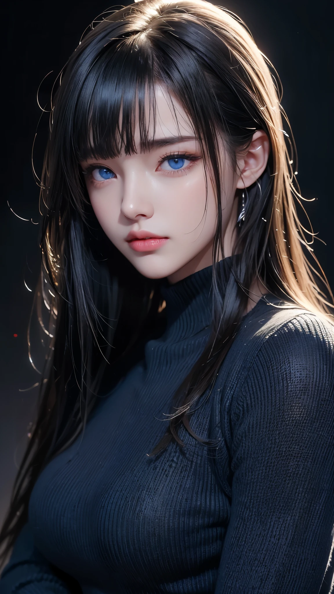 masterpiece, highest quality, Super detailed, Facing the camera, 複雑に詳細なSuper detailed, Realistic, Sharp features, Very detailed, Sharp focus, Perfect Face, Perfect Face, Perfect symmetrical perfect eyes, Perfect Plump Lips, Flexible female form, Cinematic, Film Light, Super detailed, hyper Realistic, masterpiece, Atmospheric, High resolution, Vibrant, Dynamic Studio Lighting, ((Dark Background)), The expression when enduring pleasure, Straight bangs, blue eyes,Black sweater, Cowboy Shot,turtleneck、first round、Sexually aroused expression