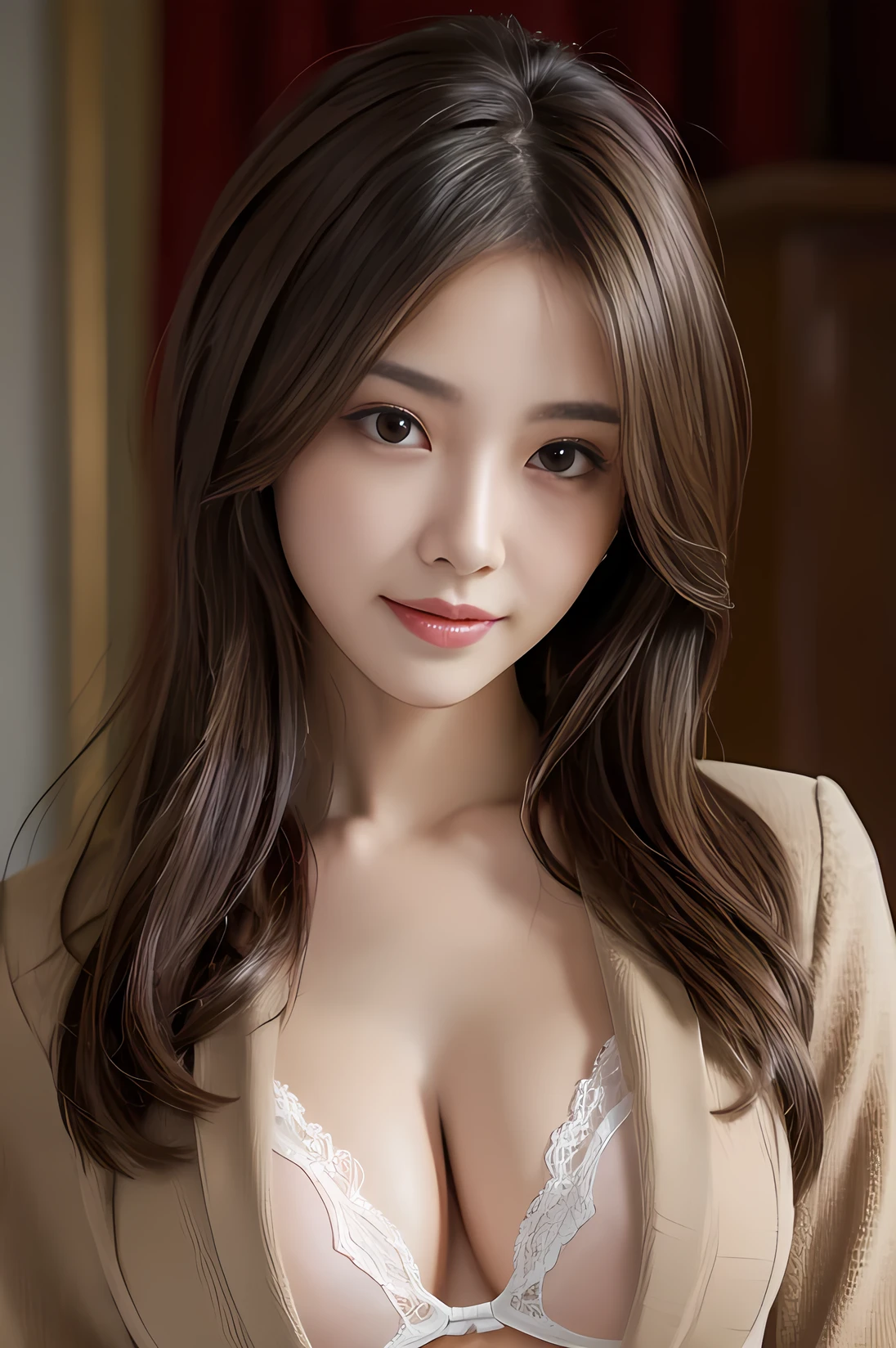 Tabletop, highest quality, Realistic, Super detailed, In detail, High resolution, 8k wallpaper, 1. Beautiful Women,, Light brown messy hair, Wearing a business suit、No underwear is worn,Naked with just a jacket、underwear（lingerie）、 Sharp focus, Perfect dynamic composition, Beautiful fine details, Fine hair, Detailed and realistic skin texture, smile, Close-up portrait, Model Body Type