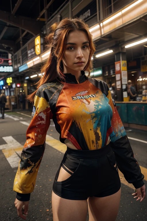 A captivating watercolor illustration showcases a mesmerizing dance of vibrant colors, featuring a hummingbird in a stunning display of red, yellow, brown, and orange hues. The gritty textures and digital chaos reflect the dynamic interplay between bustling city life and a futuristic, dystopian realm. The central figure, adorned with bold floral patterns, sports multicolored hair cascading into a halo-like structure that radiates brilliance. The intense, focused gaze of the finely detailed face conveys unwavering determination, while the overall composition encapsulates an otherworldly presence.