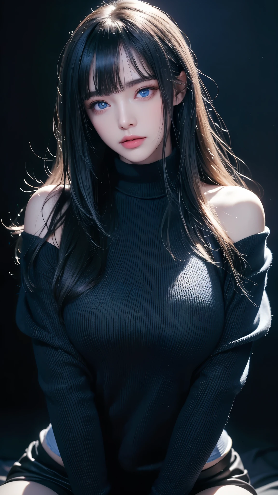 masterpiece, highest quality, Super detailed, Facing the camera, 複雑に詳細なSuper detailed, Realistic, Sharp features, Very detailed, Sharp focus, Perfect Face, Perfect Face, Perfect symmetrical perfect eyes, Perfect Plump Lips, Flexible female form, Cinematic, Film Light, Super detailed, hyper Realistic, masterpiece, Atmospheric, High resolution, Vibrant, Dynamic Studio Lighting, ((Dark Background)), The expression when enduring pleasure, Straight bangs, blue eyes,Black sweater, Cowboy Shot,turtleneck、first round、Sexually aroused expression,Clasping hands